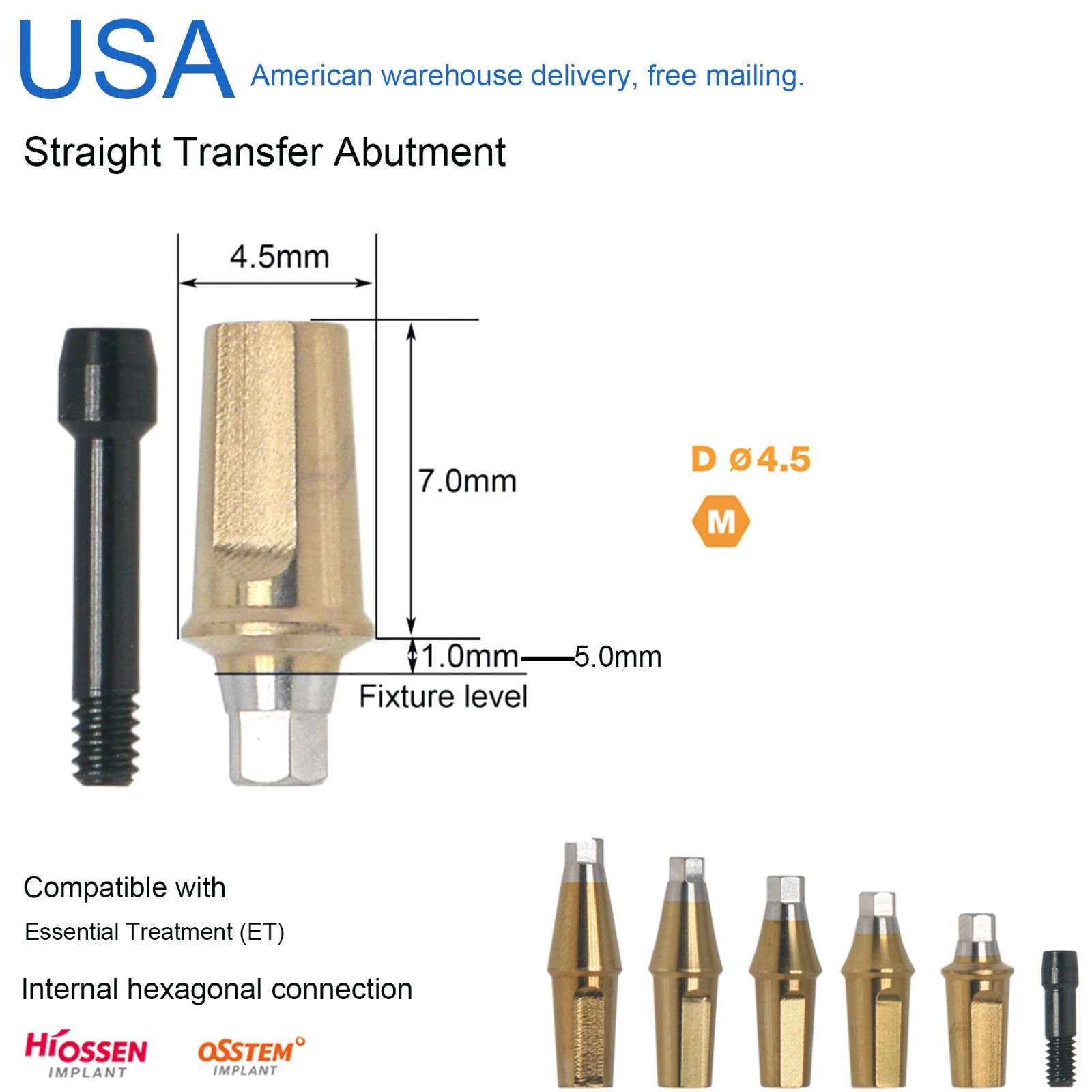 US Essential Treatment Transfer Abutment Cement Retained Fits Hiossen Implants