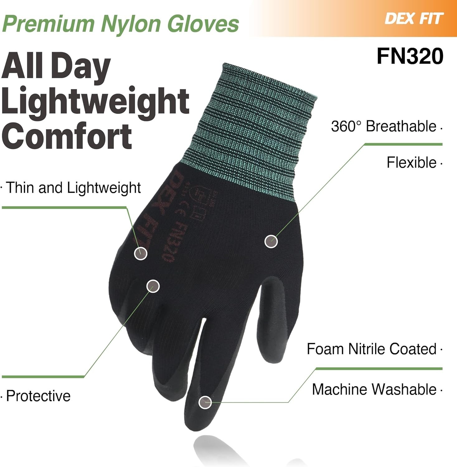 Nylon Work Gloves FN320, 3D Comfort Fit, Power Grip, Lightweight & Breathable…