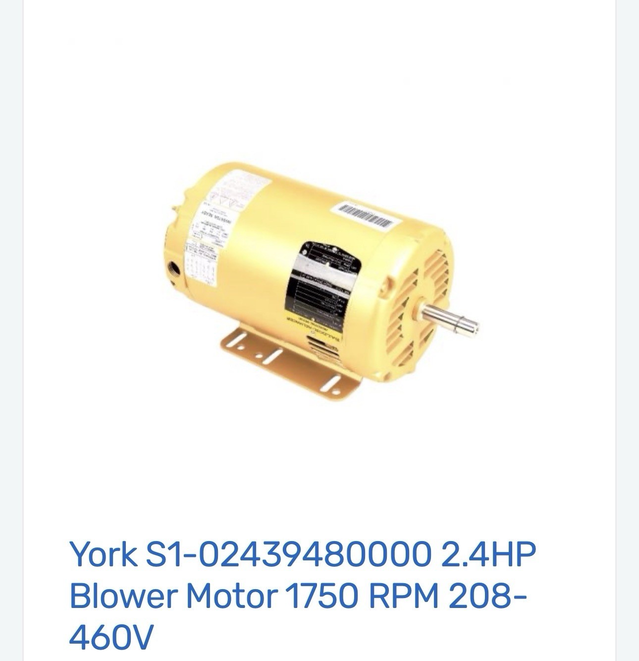 Baldor Reliance Blower Motor 2.4HP 1750 RPM 208-230/460V 3 Phase Inverter Ready