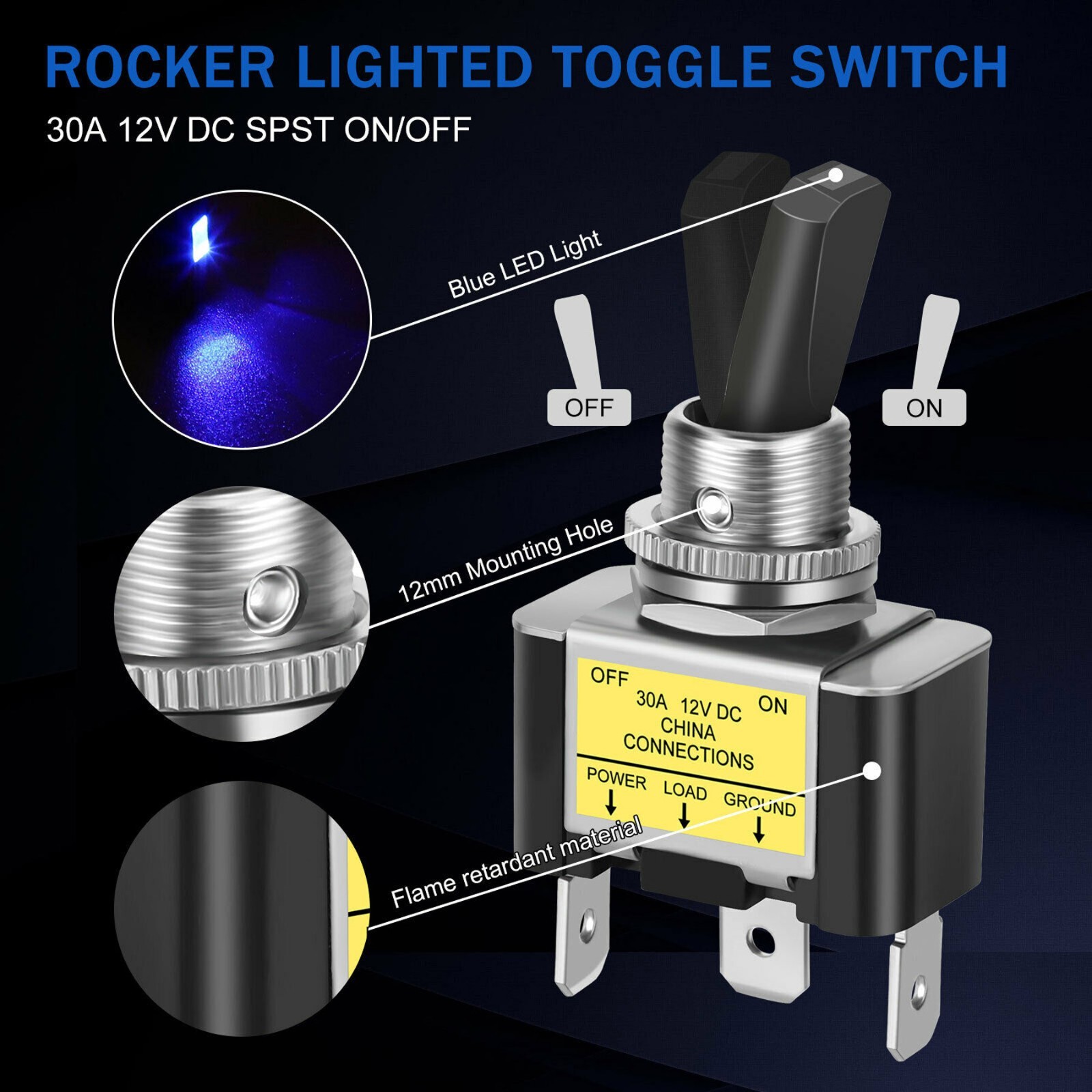 3Pcs 12V 30A Blue LED Light Toggle Rocker ON/OFF Switch 3Pin Marine Car Boat ATV