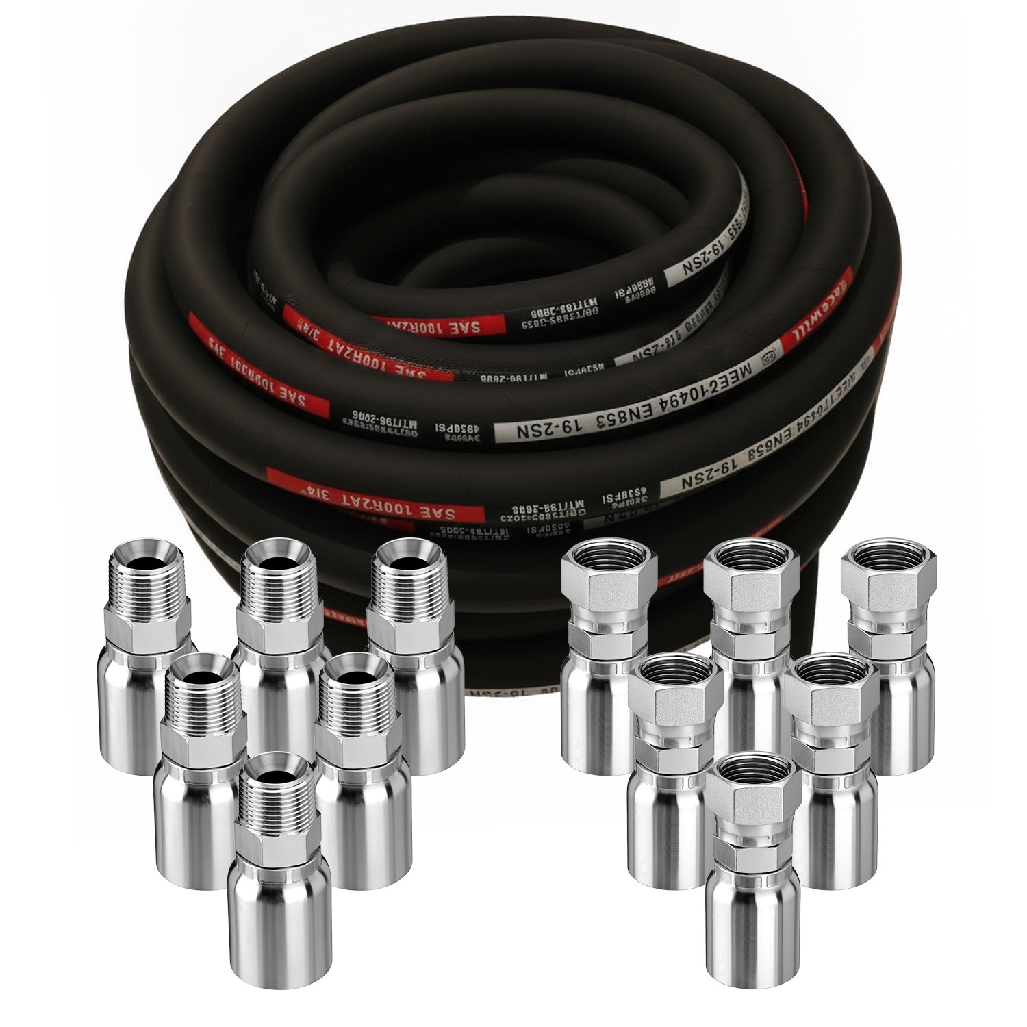 33FT 3/4″ Hydraulic Hose + 12 Straight Fittings 3/4″ JIC Female & 3/4 NPTF Male