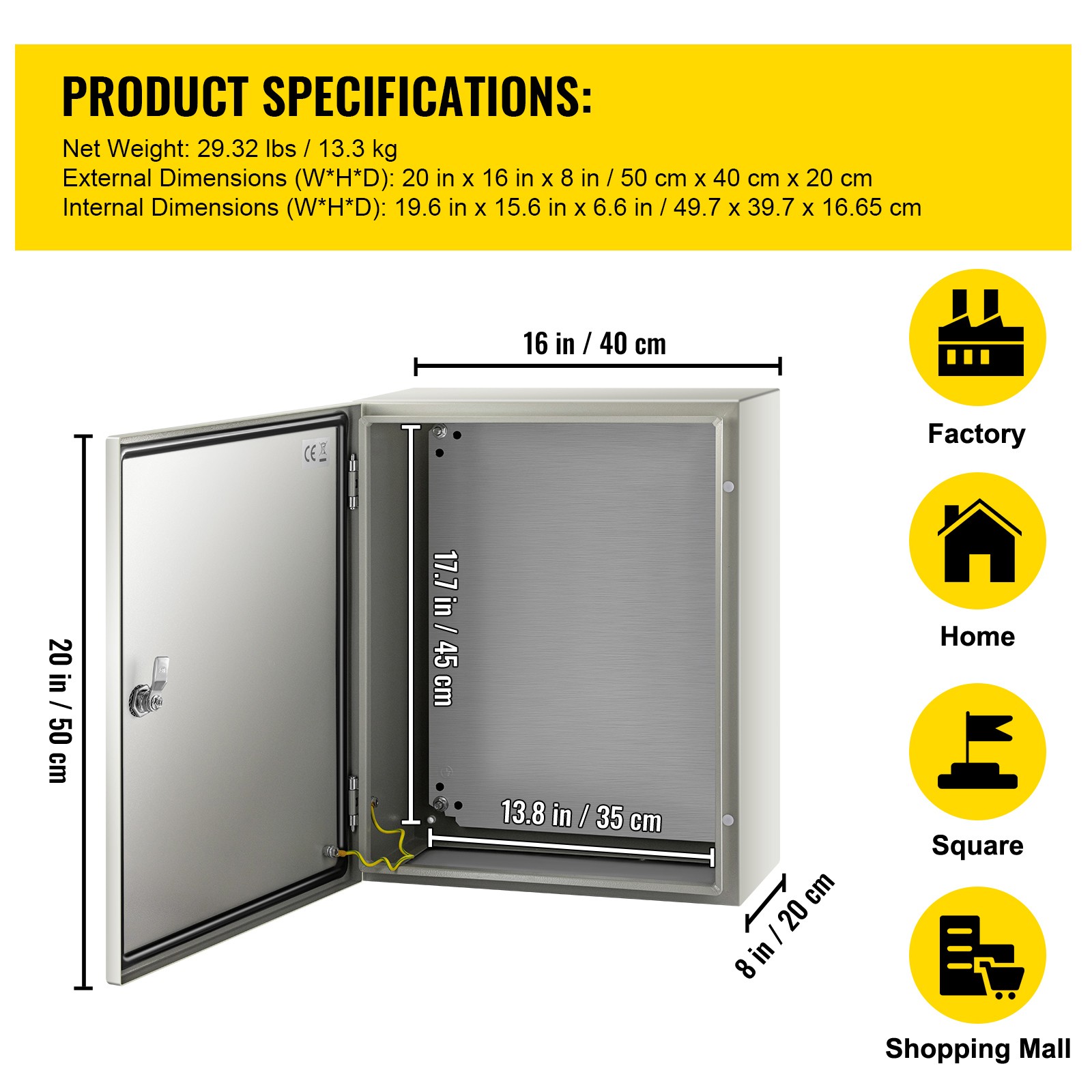 Carbon Steel Electrical Enclosure Box 20x16x8″ IP65 Wall Junction Box Outdoor