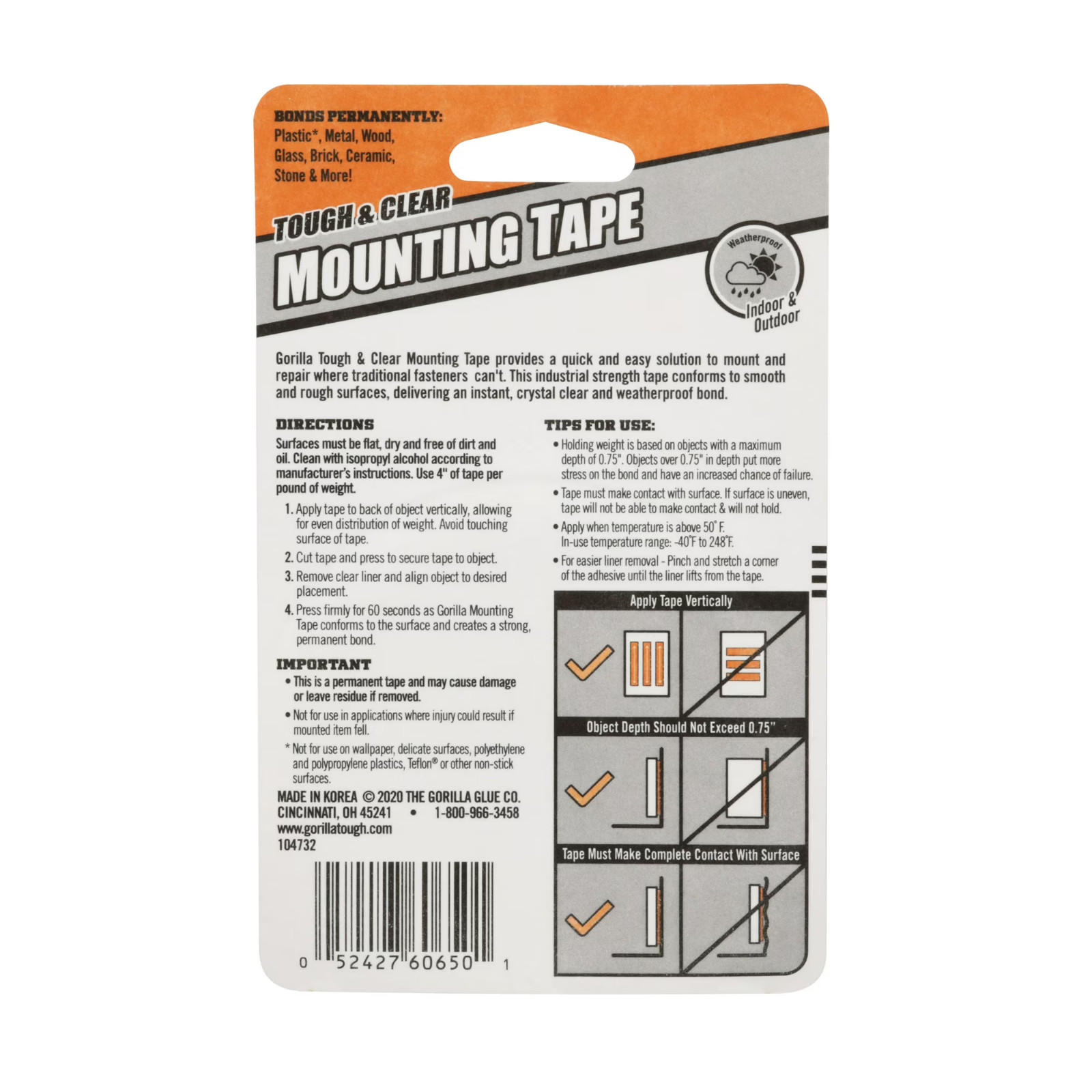 (2 pack) Gorilla Tough & Clear Double-Sided Mounting Tape, 60″ Roll