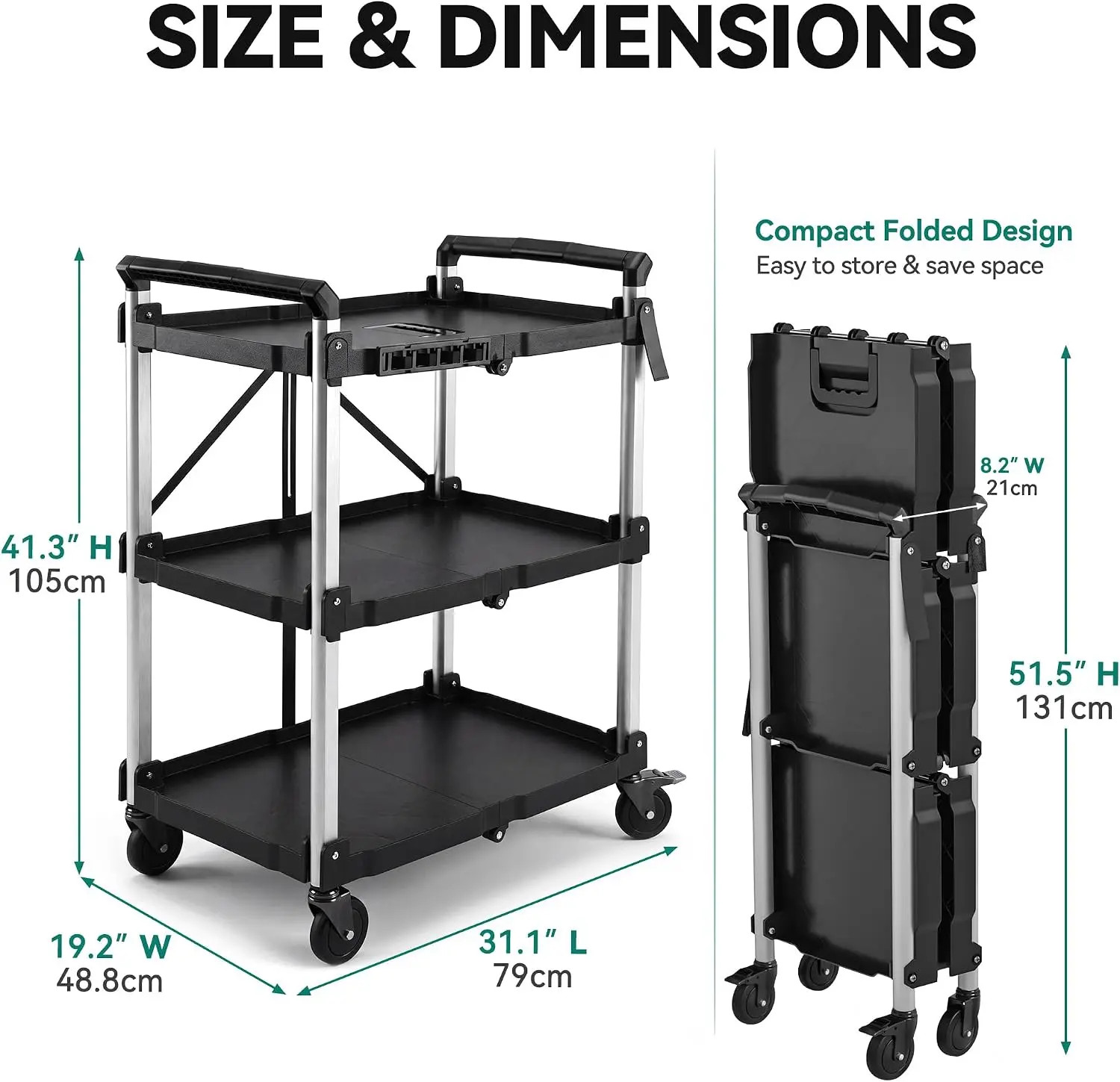 300 LBS Folding Service Cart 3 Tier Portable Cart w/Wheels&Tool Side Mount Strap