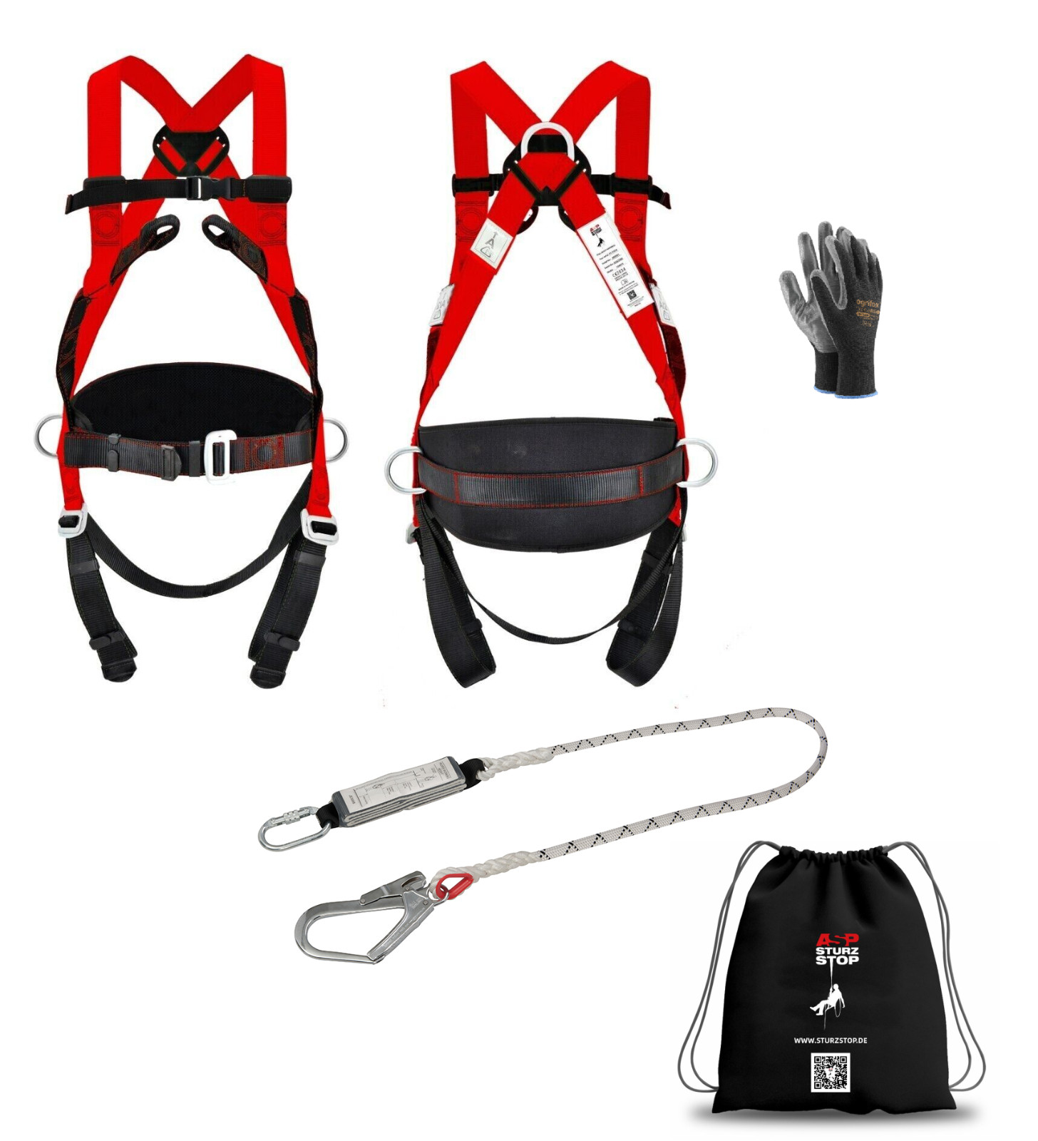 Lifting platforms railing height protection 4P harness including fall arrestor DIN EN361