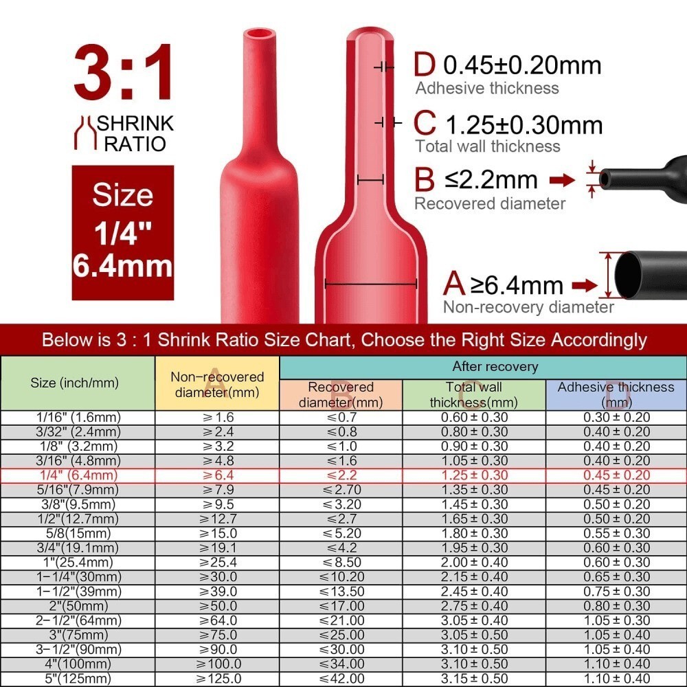 10ft 3:1 Ratio Heat Shrink Tubing Dual Wall Adhesive Glue Lined Φ1/4″ (6.4mm) US