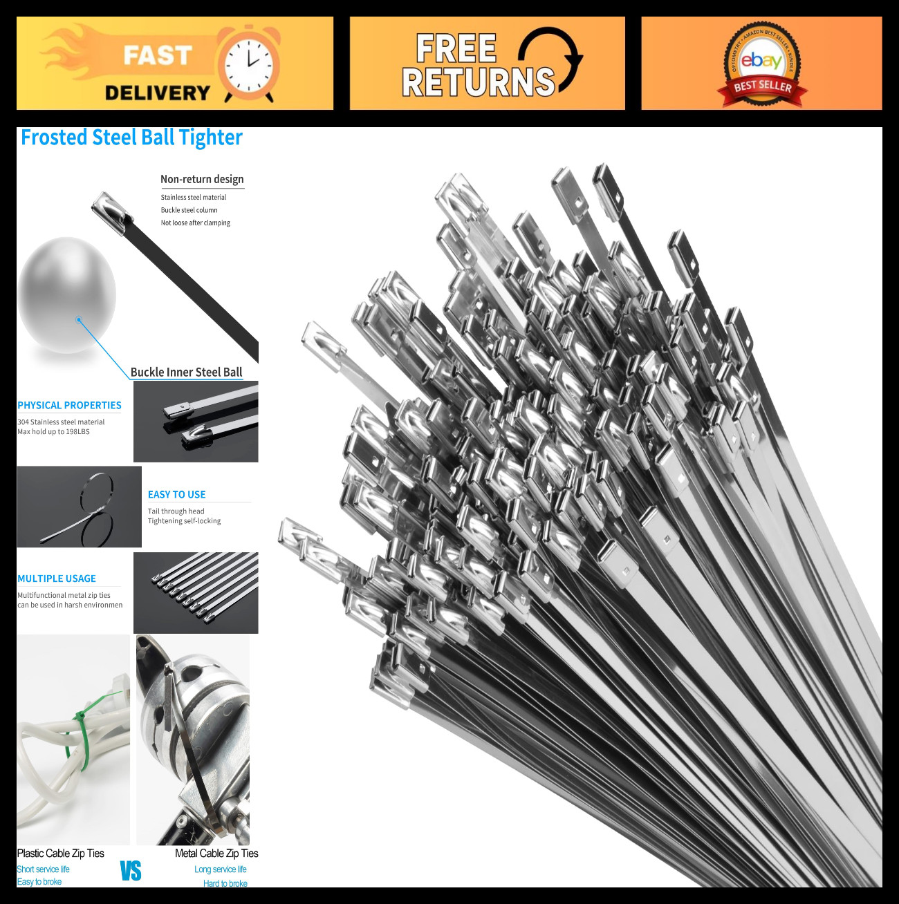11.8″ Heavy Duty Metal Zip Ties – 600 Pack, 304 Stainless Steel, 300lbs Strength