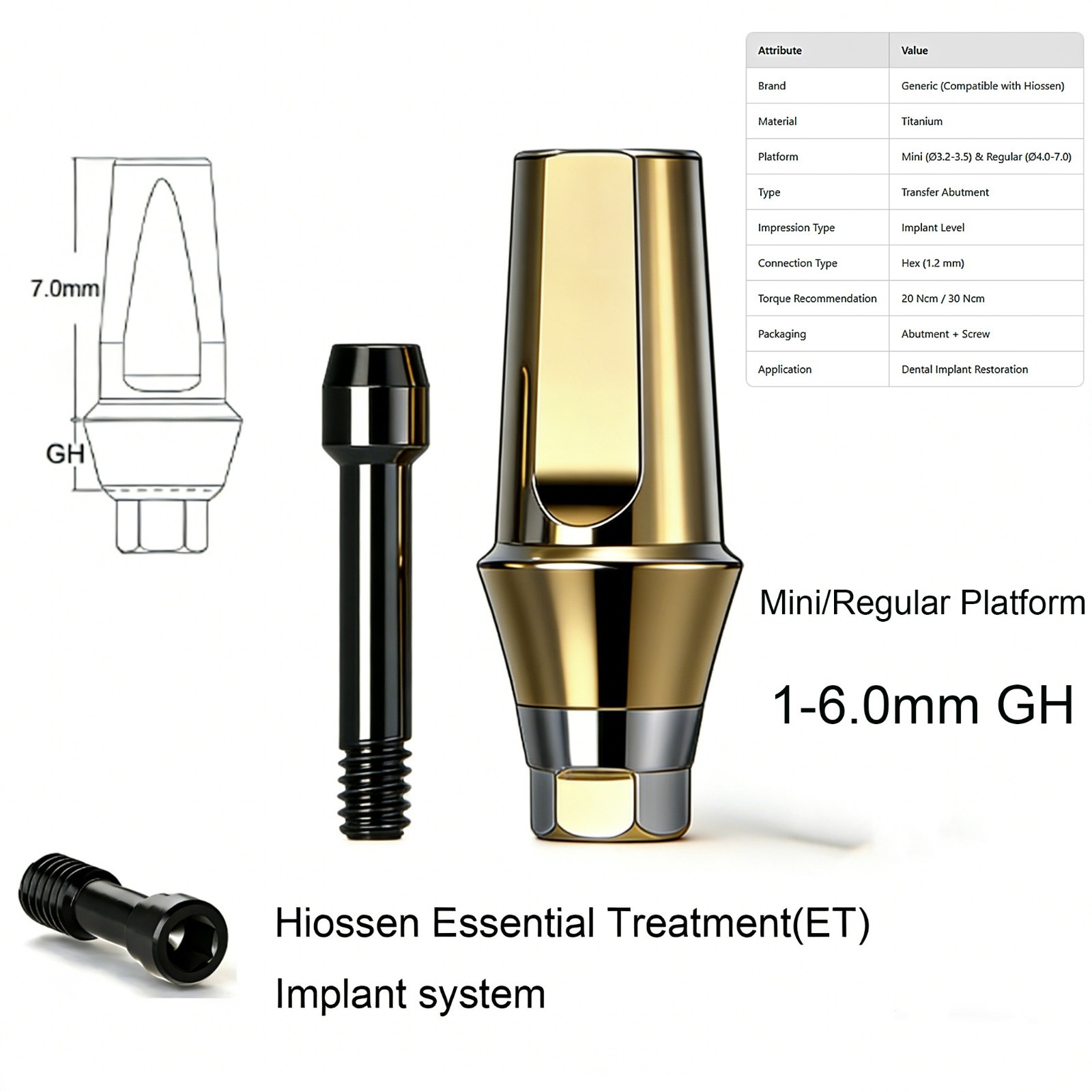 US Essential Treatment Transfer Abutment Cement Retained Fits Hiossen Implants