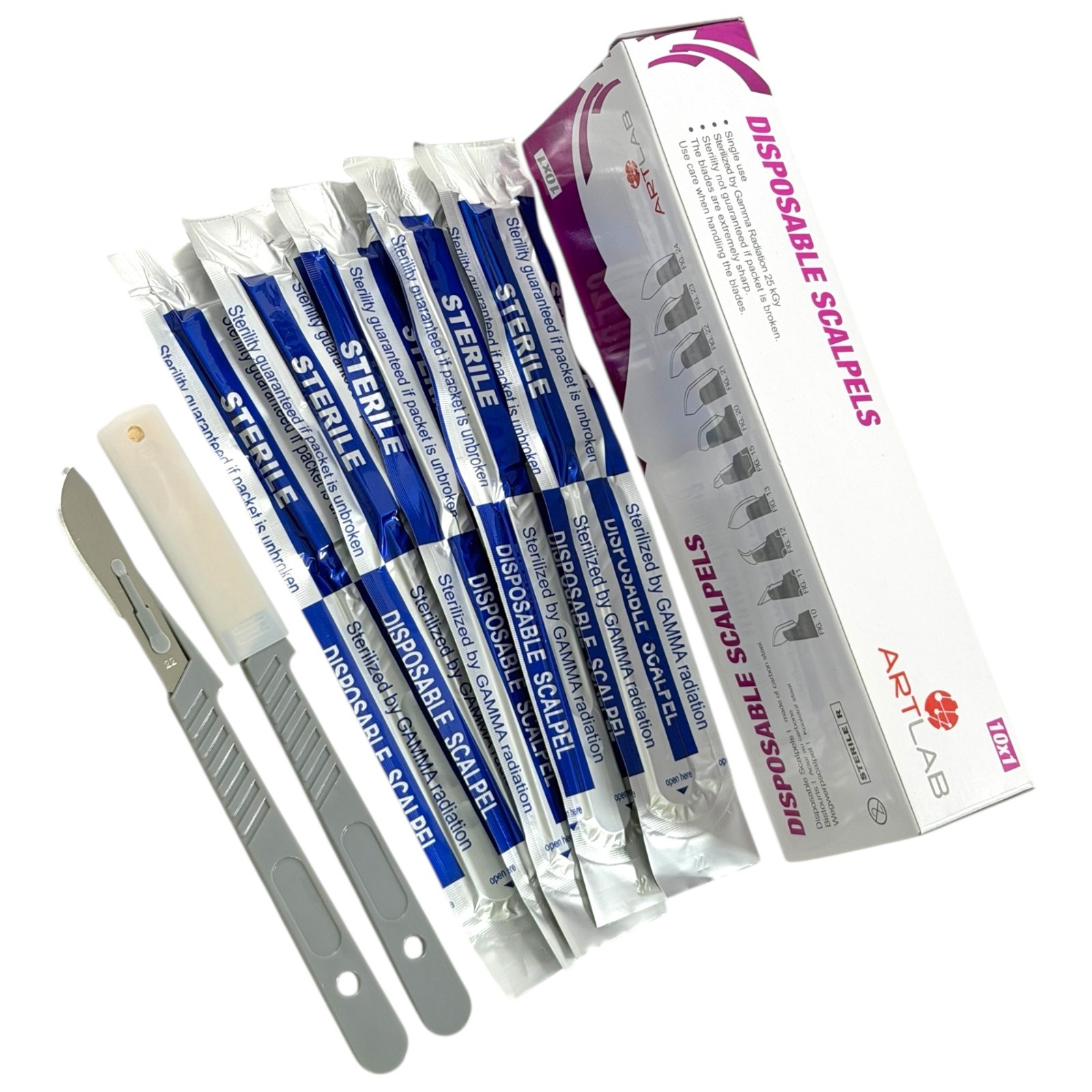 10PC DISPOSABLE SCALPELS #22-SINGLE USE – DISSECTING, SURGICAL, DERMAPLANING