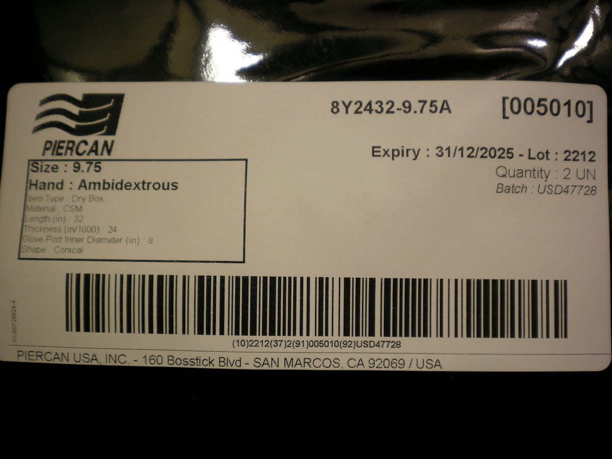 Sealed 1pr. Piercan 8Y2432-9.75A CSM Glove Box Gloves 32” x 9-3/4 Ambidextrous