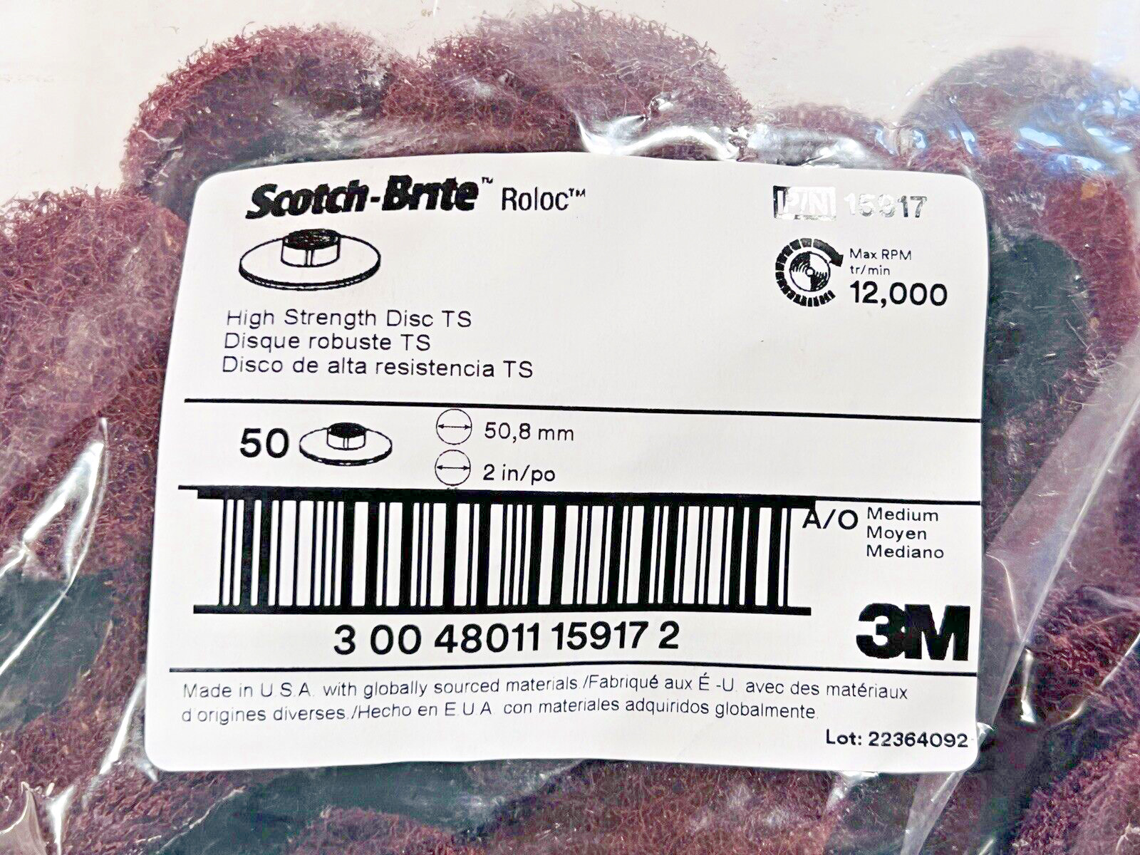 (50) 3M Scotch-Brite Roloc TS Quick Change High Strength Disc 2″ Medium Grit