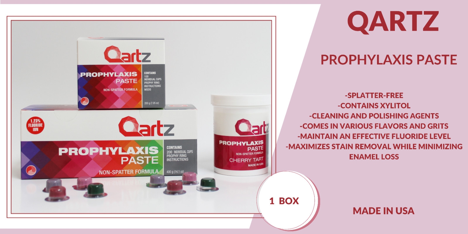QARTZ PROPHY PASTE CUPS VERY STRAWBERRY MEDIUM X 200 DENTAL W/FLOURIDE – 1 BOX