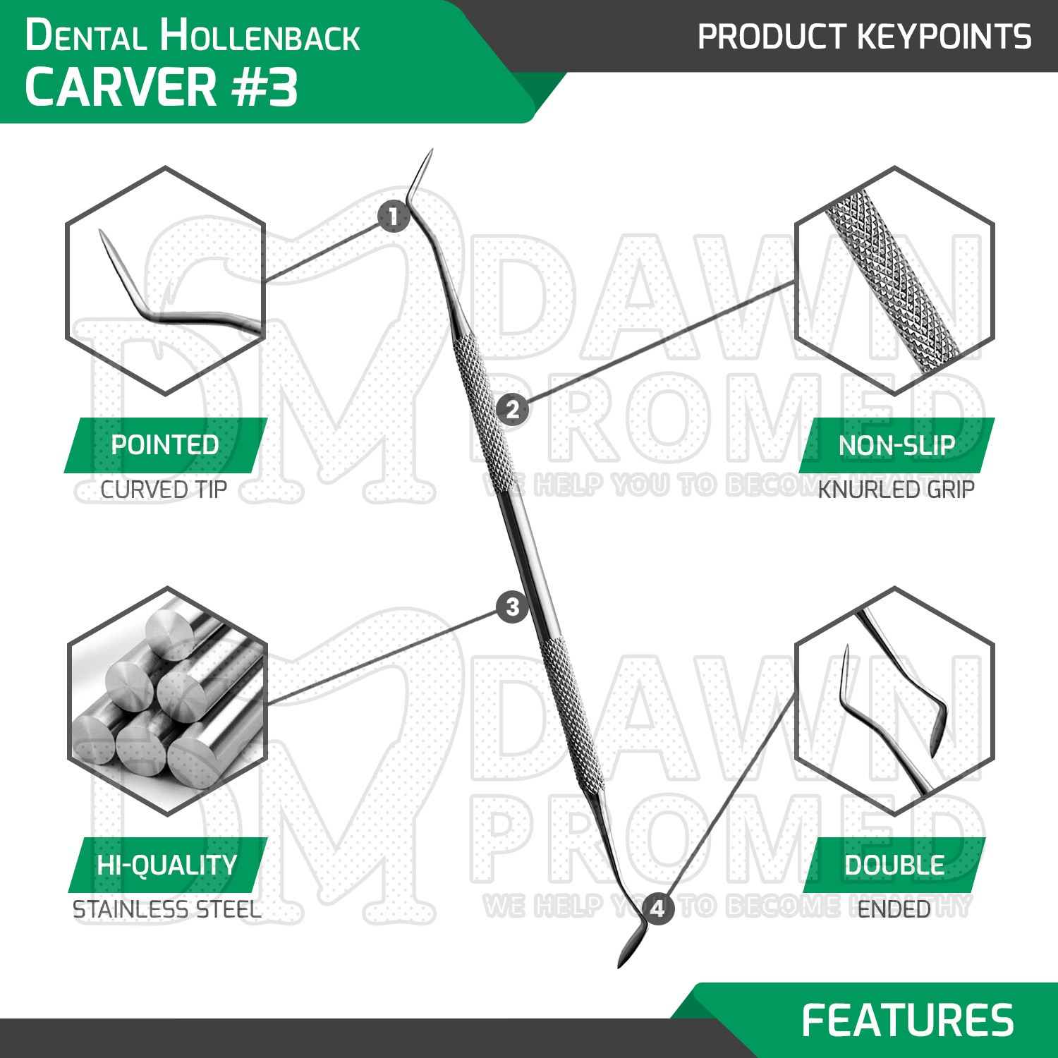 3 Pcs Hollenback Carver #3 Double Ended Oral Dental Instruments Set German Grade