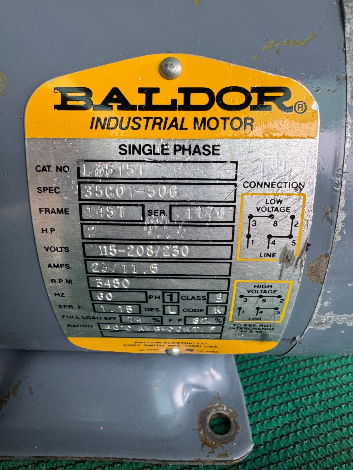 Baldor Industrial Motor 2 Hp – 3450 Rpm – 115/230V – 1 Phase – Cat No. L35151T