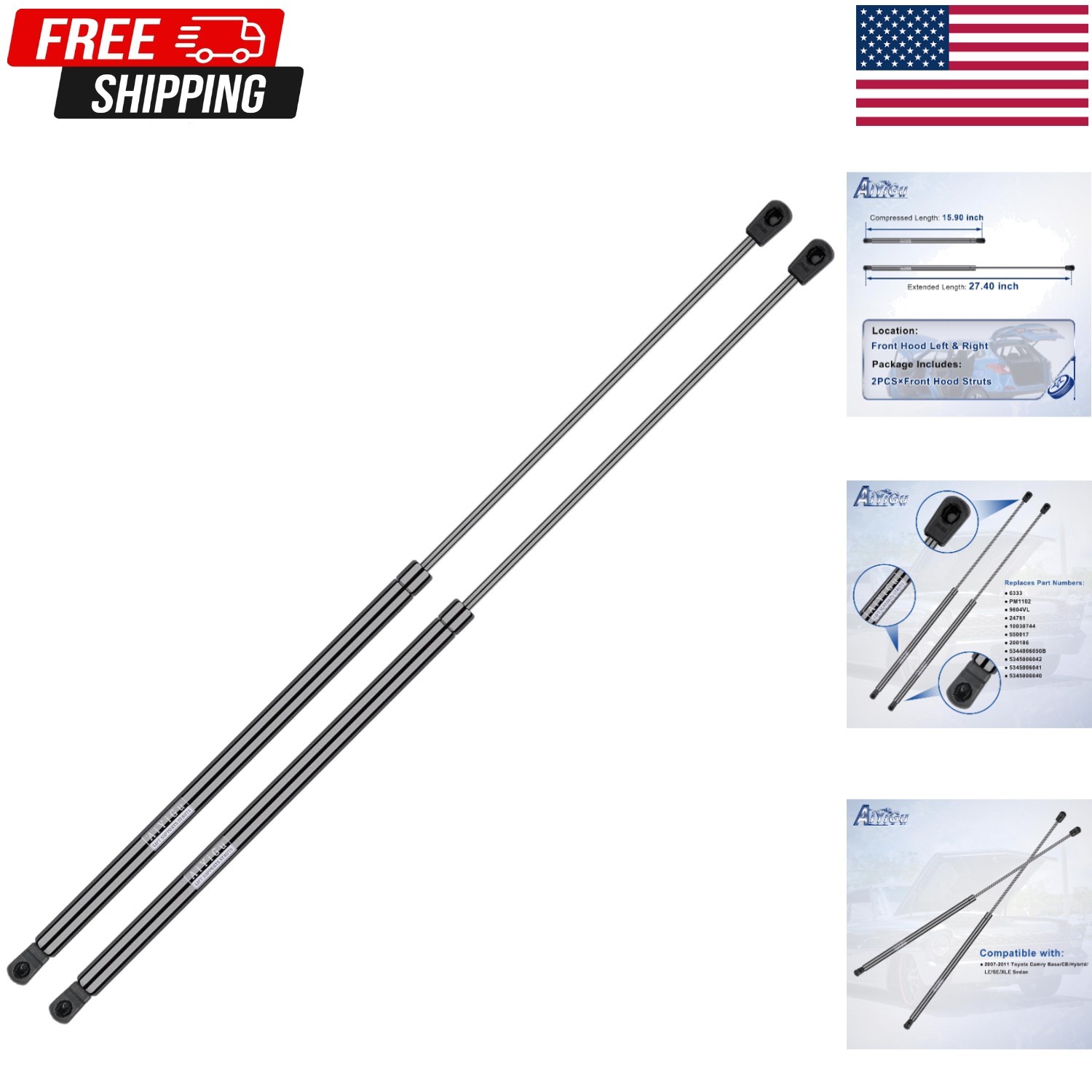 2Pc Front Hood Gas Strut Spring Lift Support 2007-2011 Toyota Camry 6333 4351