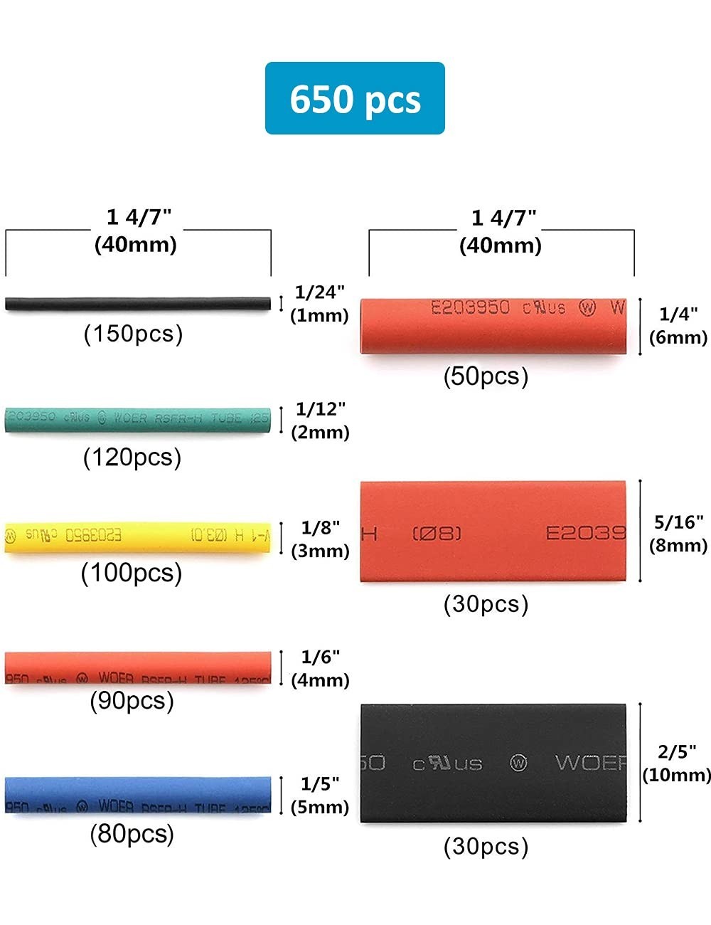 650Pcs HEAT SHRINK Tubing Sleeve 2:1 Shrinkable Tube Wire Cable Assortment Kit
