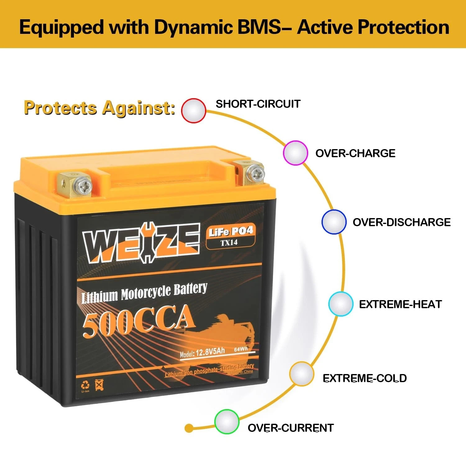 Weize Lithium YTX14-Bs Group 14 500CCA Life PO4 Motorcycle Battery 12V 5Ah ATV