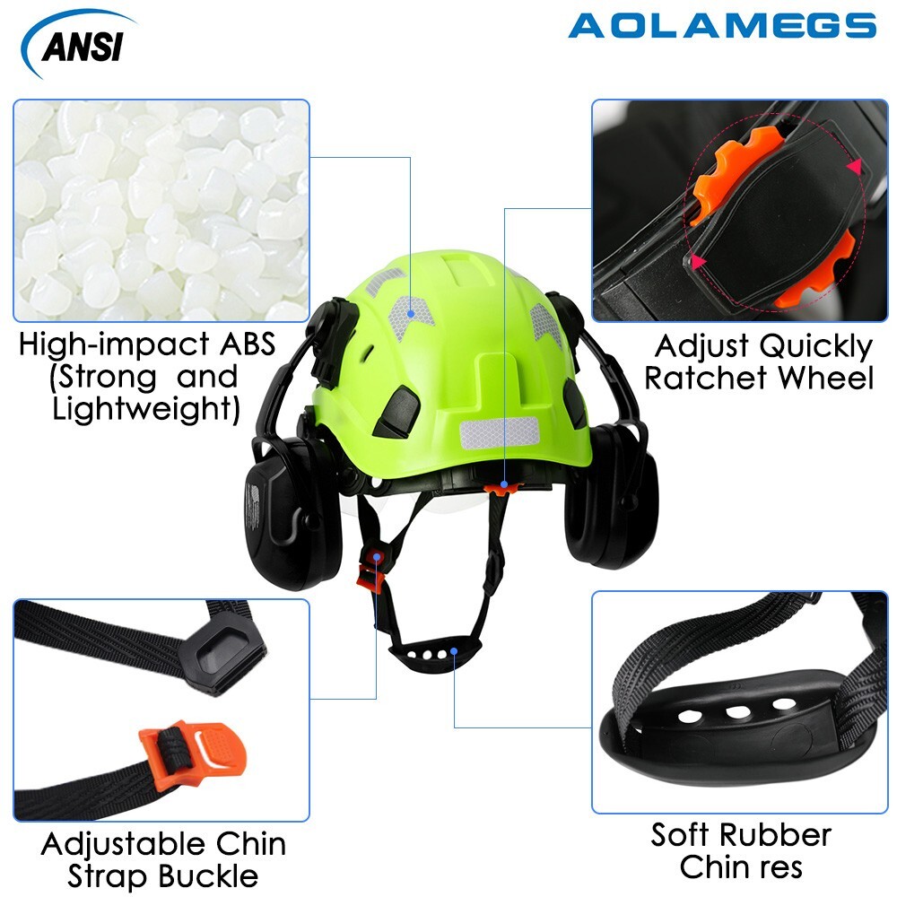 CE Construction Safety Helmet With Visor Built In Goggles Earmuffs ANSI Hard Hat