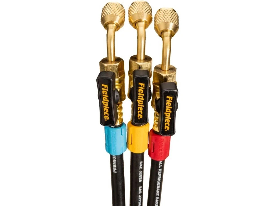 Fieldpiece HR3B Ball Valve Refrigerant Hose Set (3) w/ Color Tags 1/4″ x 1/4″