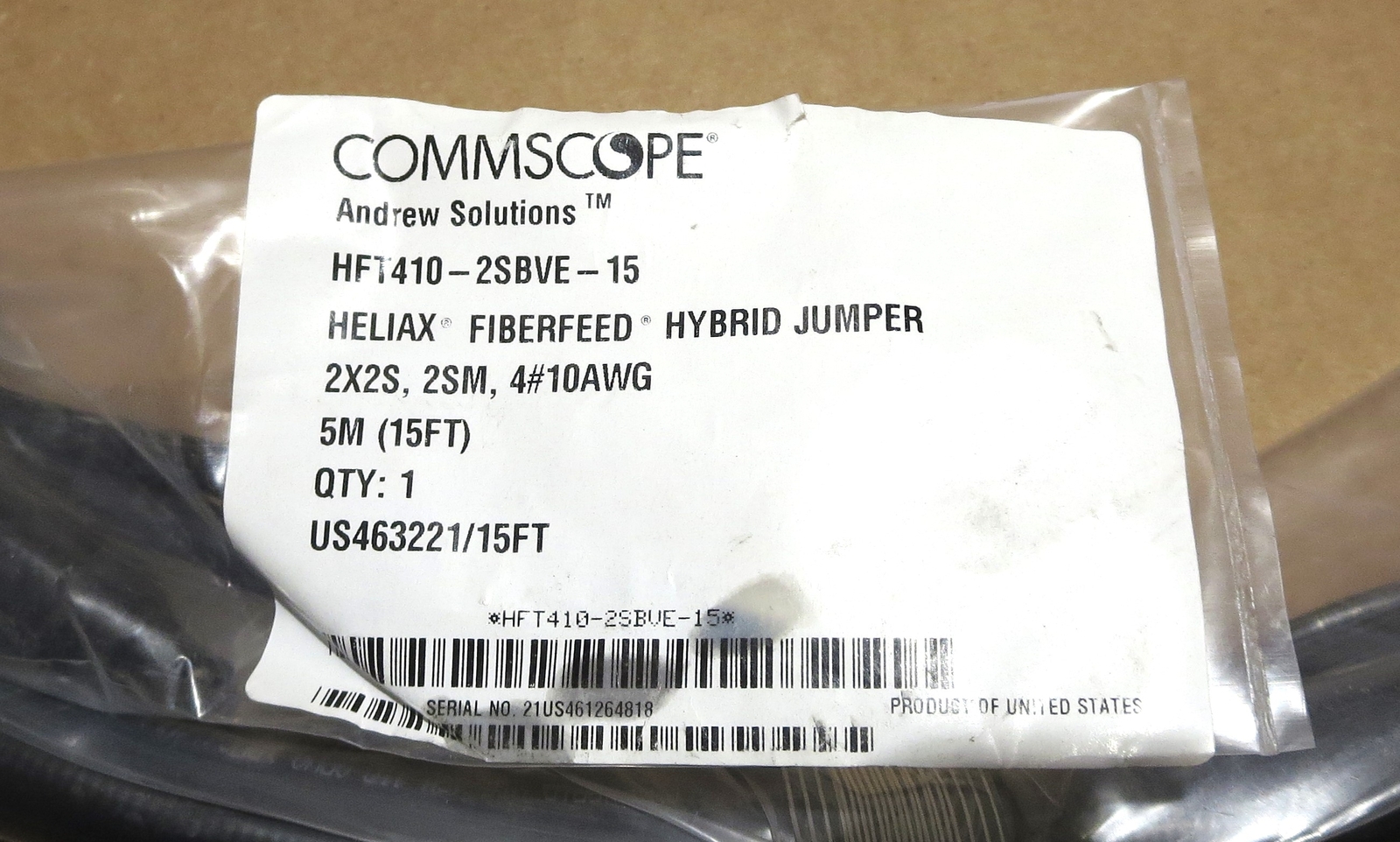 COMMSCOPE HFT410–2SBVE-15 HELIAX FIBERFEED HYBRID 2X2S; 2SM; 4#10AWG 5M 15FT