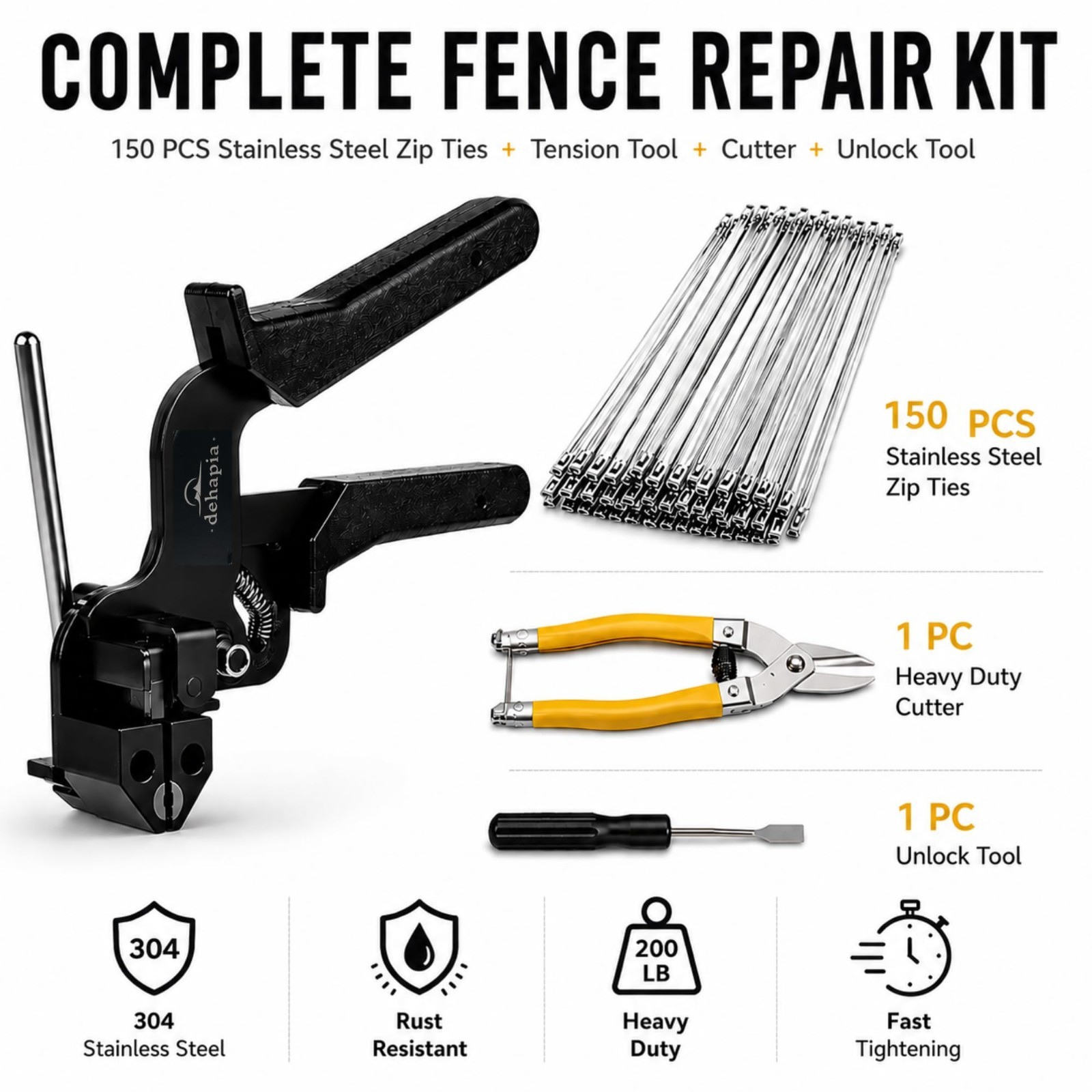 Heavy Duty Stainless Steel Cable Tie Gun Kit – 150 Metal Zip Ties, Tension Tool