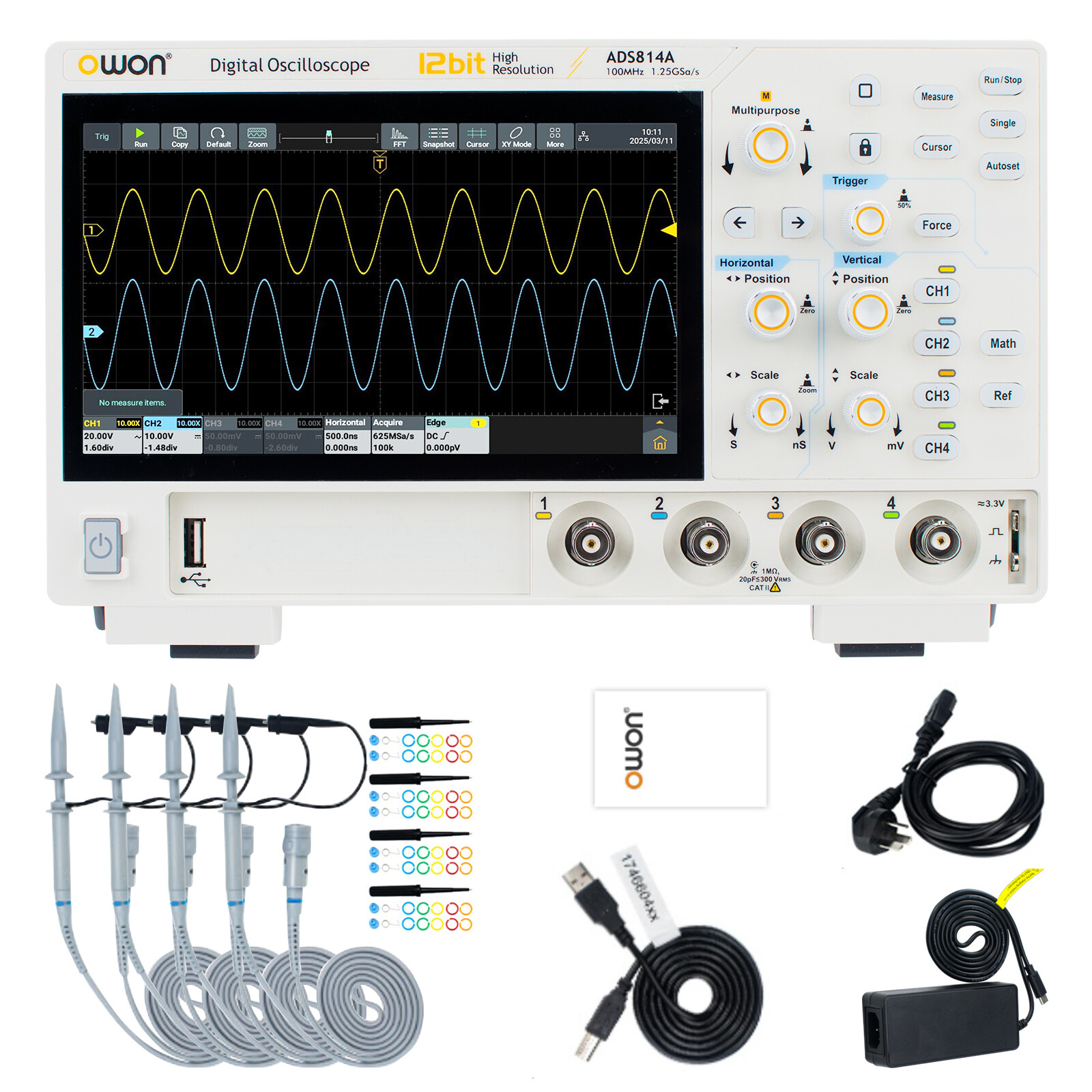 Owon ADS814A 12bits Digital Oscilloscope 100MHz 4CH 1.25GSa/s FFT analysis