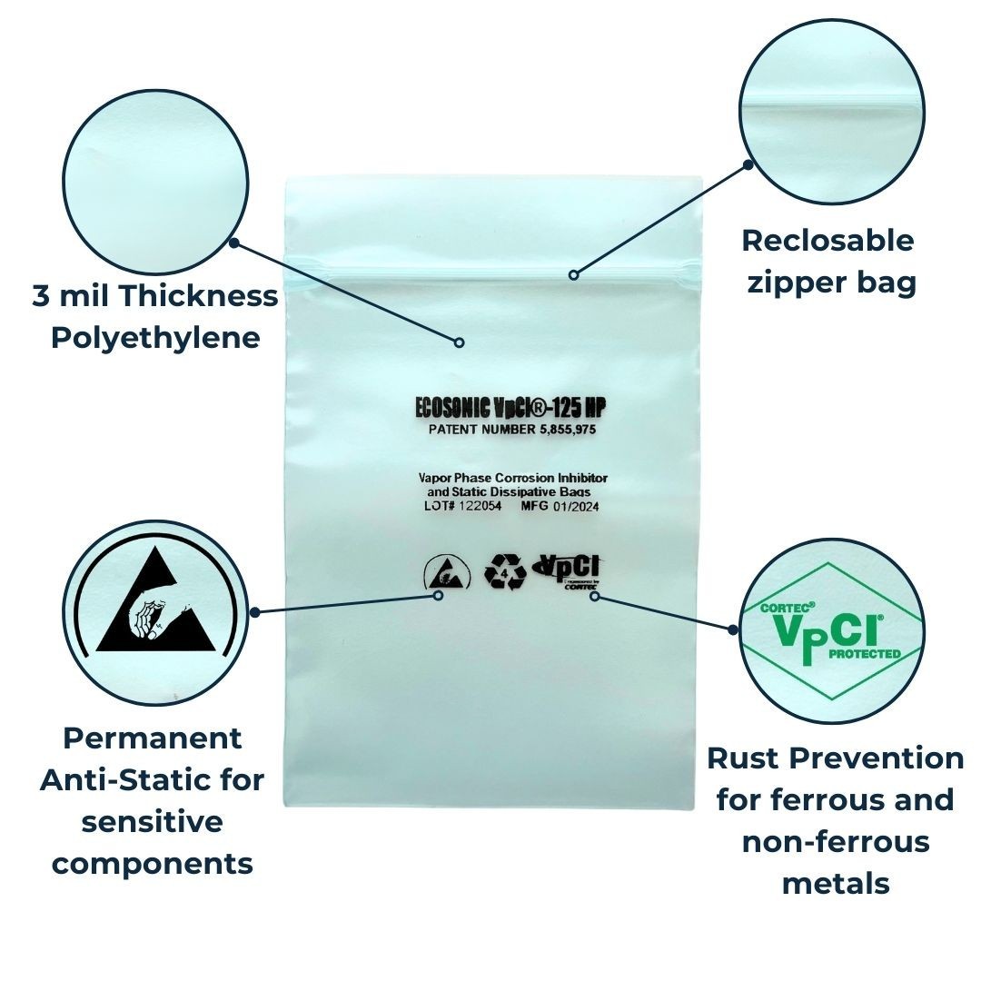 ESD Anti-Static Poly Bags with VCI Anti-Rust Protection (10×12 inches – 3 Mil)