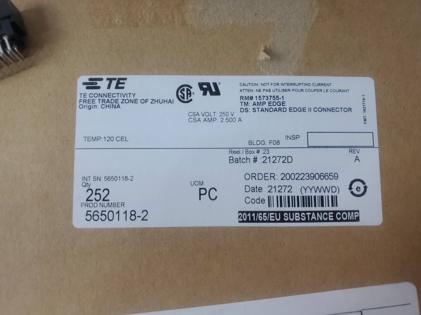 252 qty ETE 5650118-2 Standard Card Edge Connectors CONN SEC II 10POS 100C/L R/A