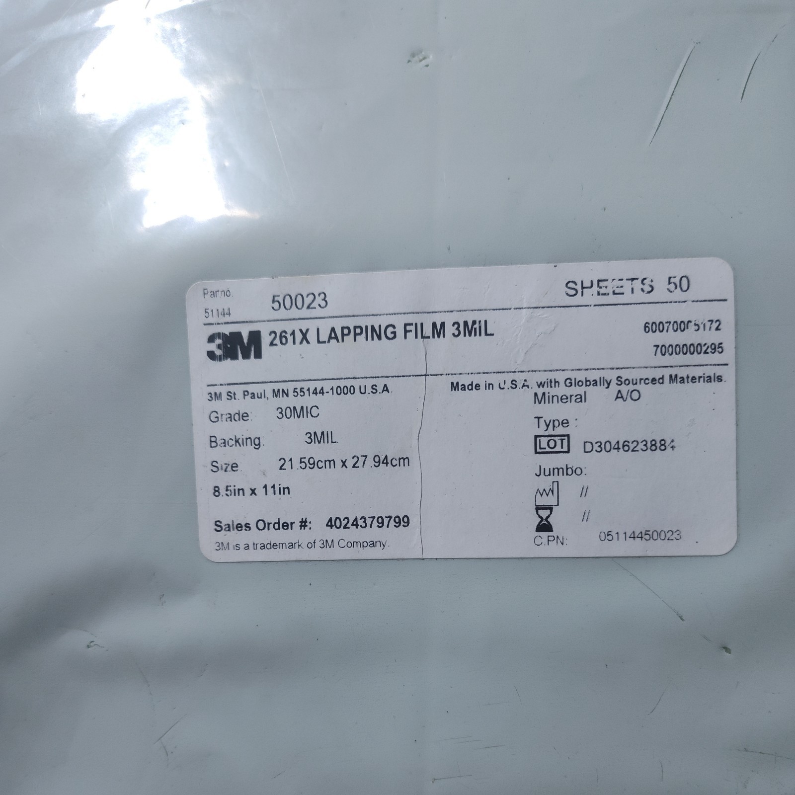 PACK OF 50 3M 261X Lapping Film Sheets Green A/O 8.50″X11″ 30 Micron 7000000295