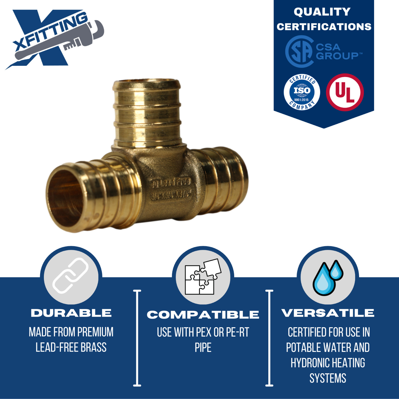 5 Pcs. 3/4″ x 3/4″ x 3/4″ Pex Tee, 3/4 Inch Pex Tee, Lead Free Brass 23-2-3=5