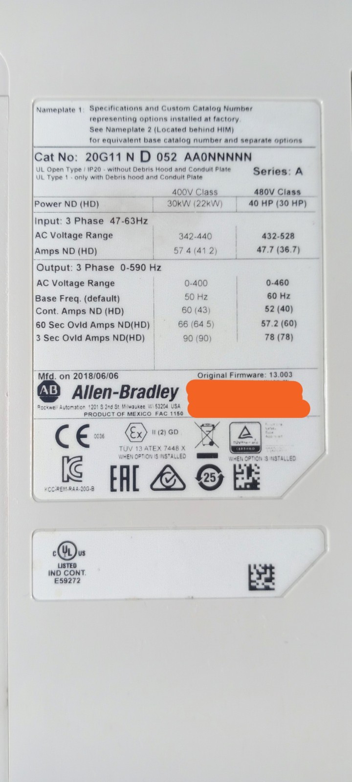 ALLEN BRADLEY 20G11ND052AA0NNNNN SER A POWERFLEX 755 AC DRIVE 30KW 40HP