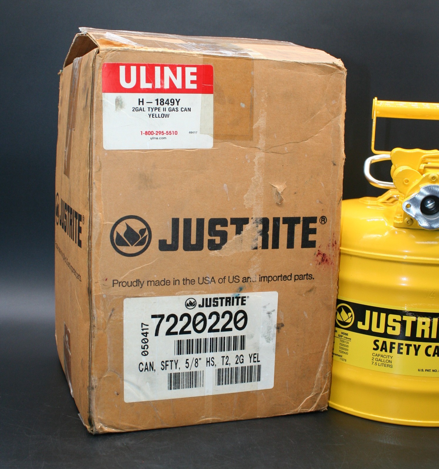 One (1) JUSTRITE 7220220 (ULINE H-1849Y) Safety Can, 2-Gallon, Yellow, Diesel