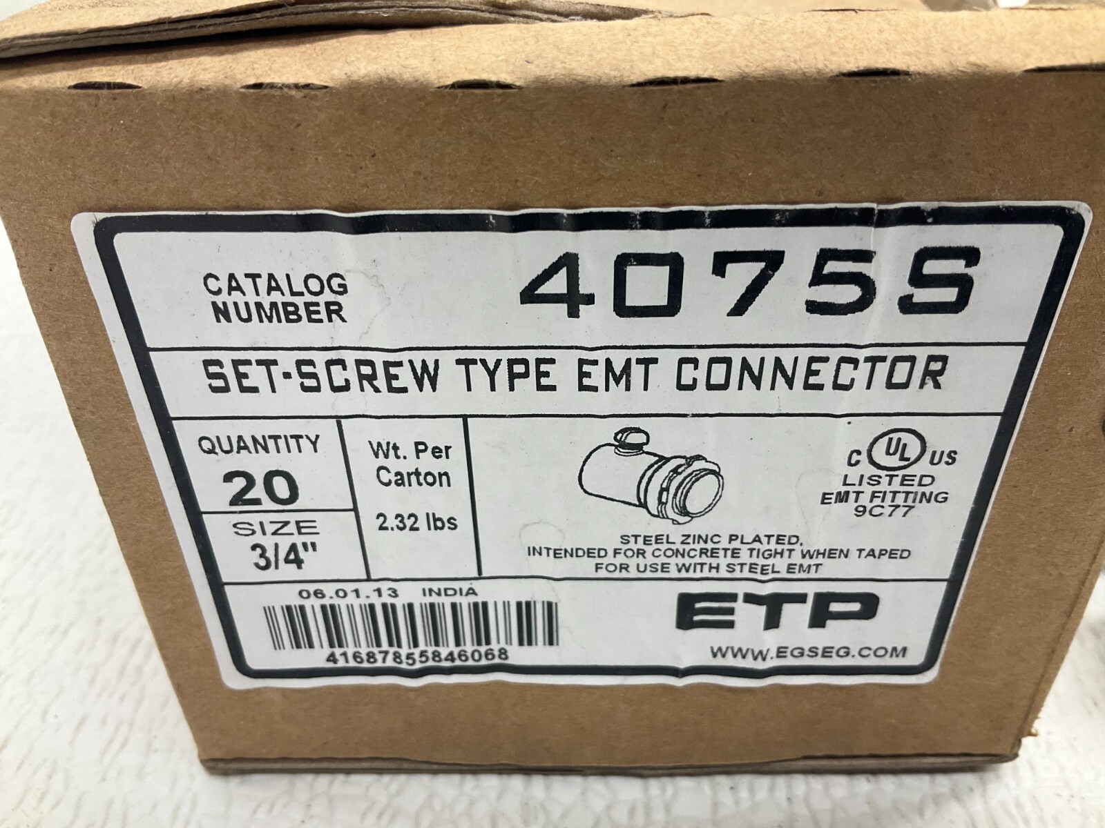 EGS ETP 4075S 3/4″ Set-Screw Type EMT Connector Box of 20 New (TSC)