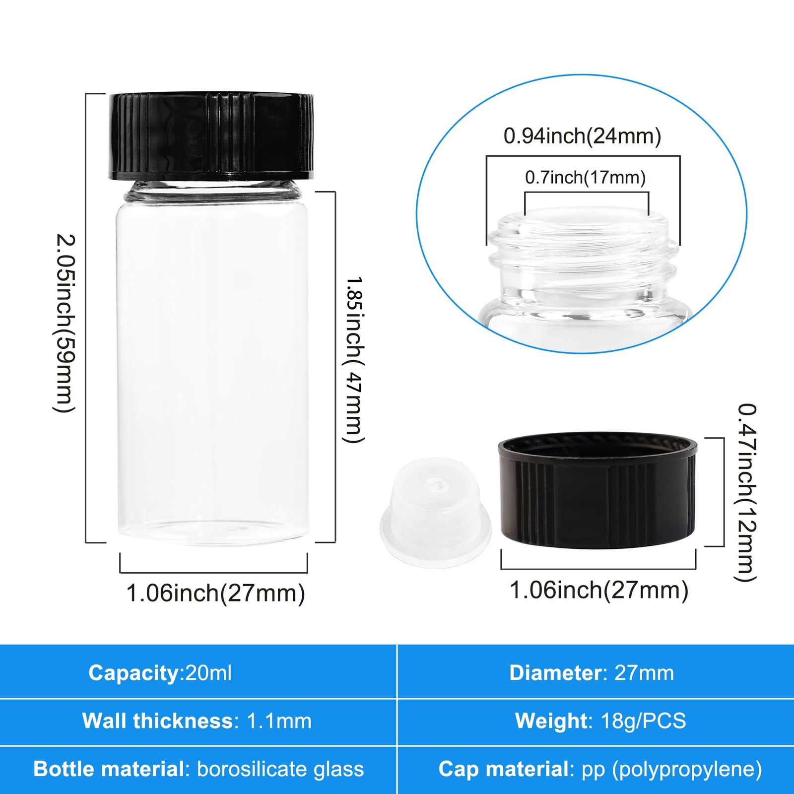 ETTSNU 20ml Clear Glass Vials with Screw Caps and 0.7 Ounces, Transparent