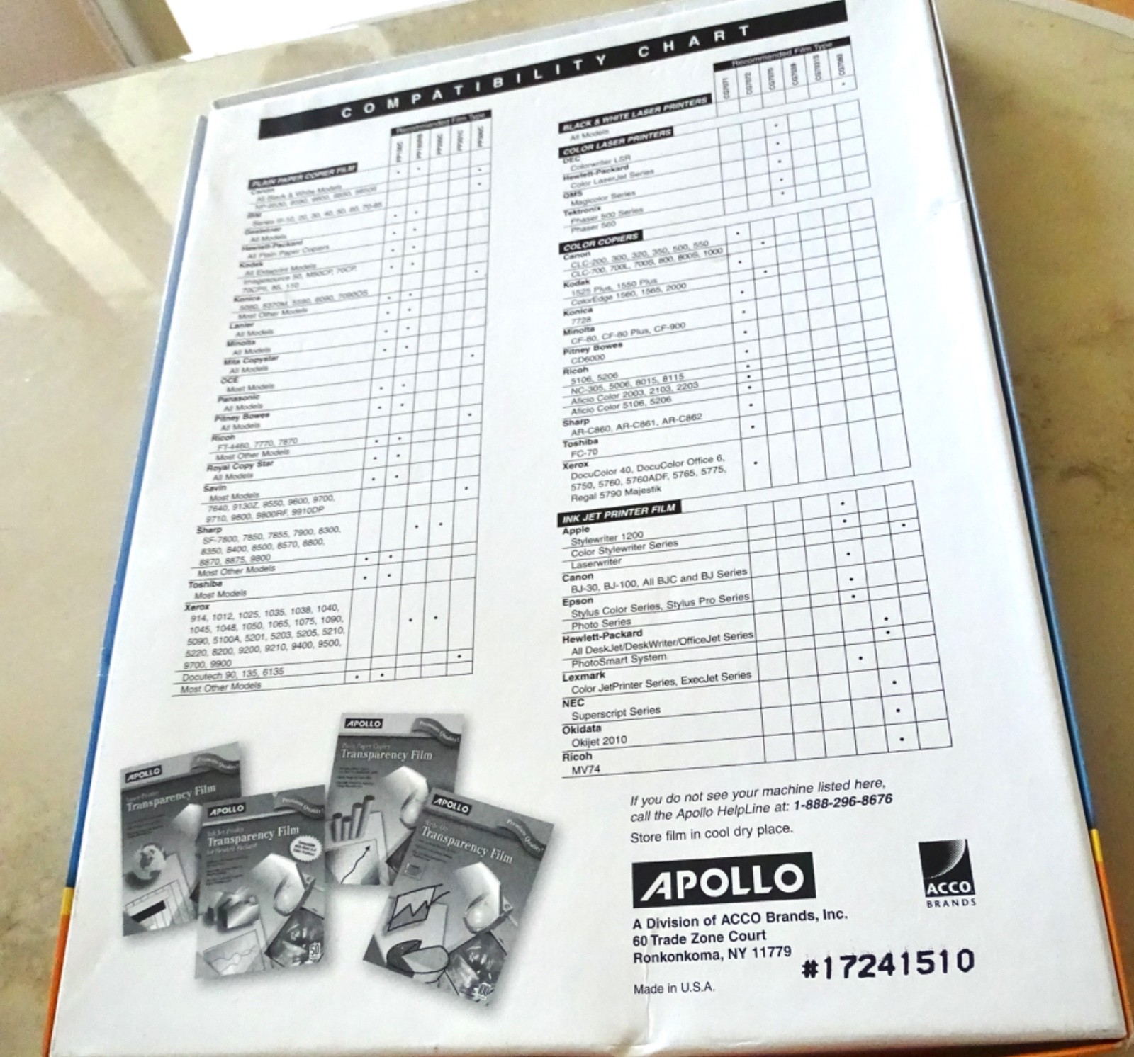 Apollo Transparency Film – Letter 8.50″ X 11″ – 100 / Box – Clear PP201C
