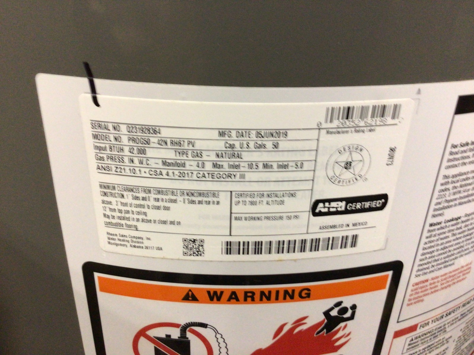 Rheem Powervent Natural Gas Water Heater Model PROG50-42N RH67 PV 50 Gallons NEW