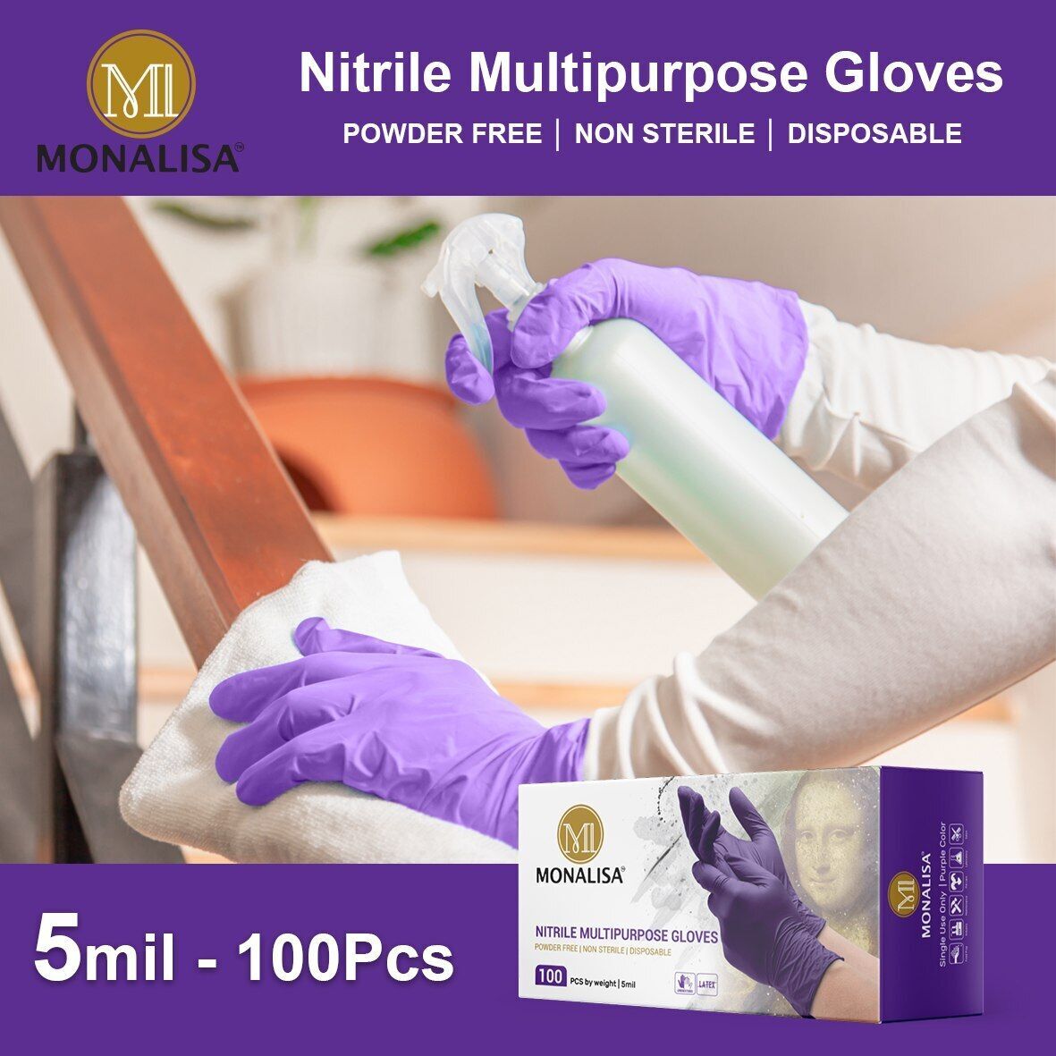 MONALISA™ Purple Disposable Exam Nitrile Gloves Powder Free 5mil