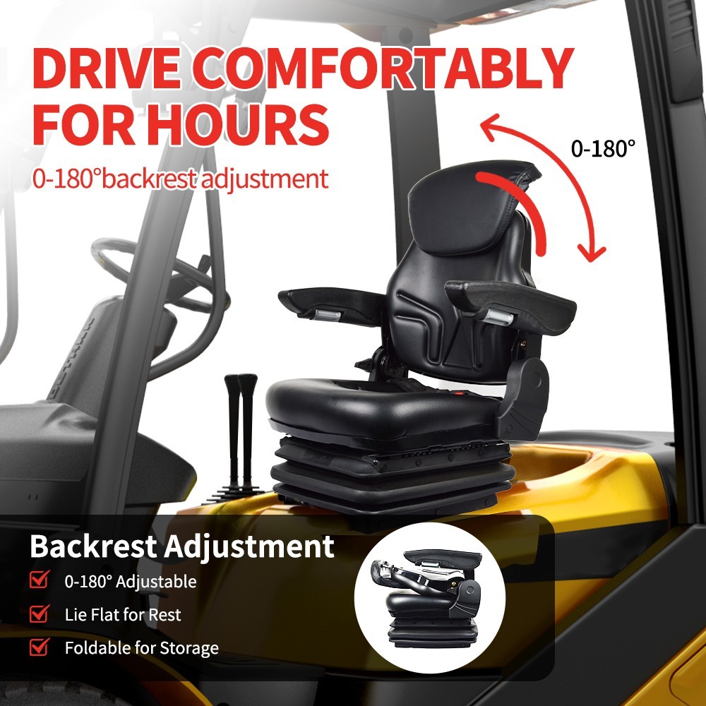 Forklift Tractor Seat Suspension Adjustable Backrest Armrest Safety Belt NEW