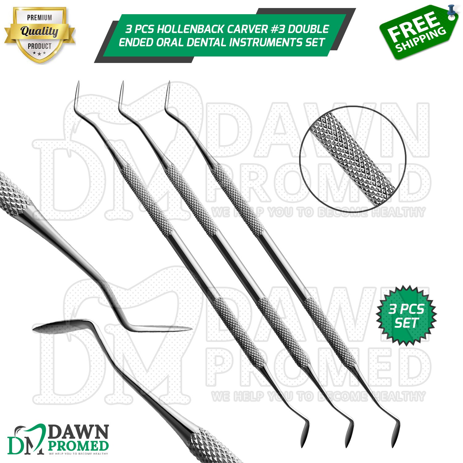 3 Pcs Hollenback Carver #3 Double Ended Oral Dental Instruments Set German Grade