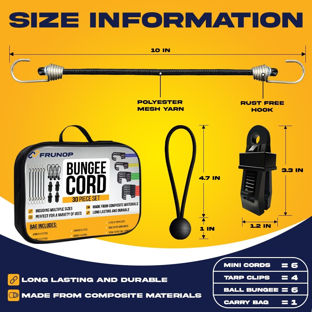 Frunop 30-Piece Heavy duty Assorted Bungee Cords Set Includes 10″, 18″, 32″, 40″