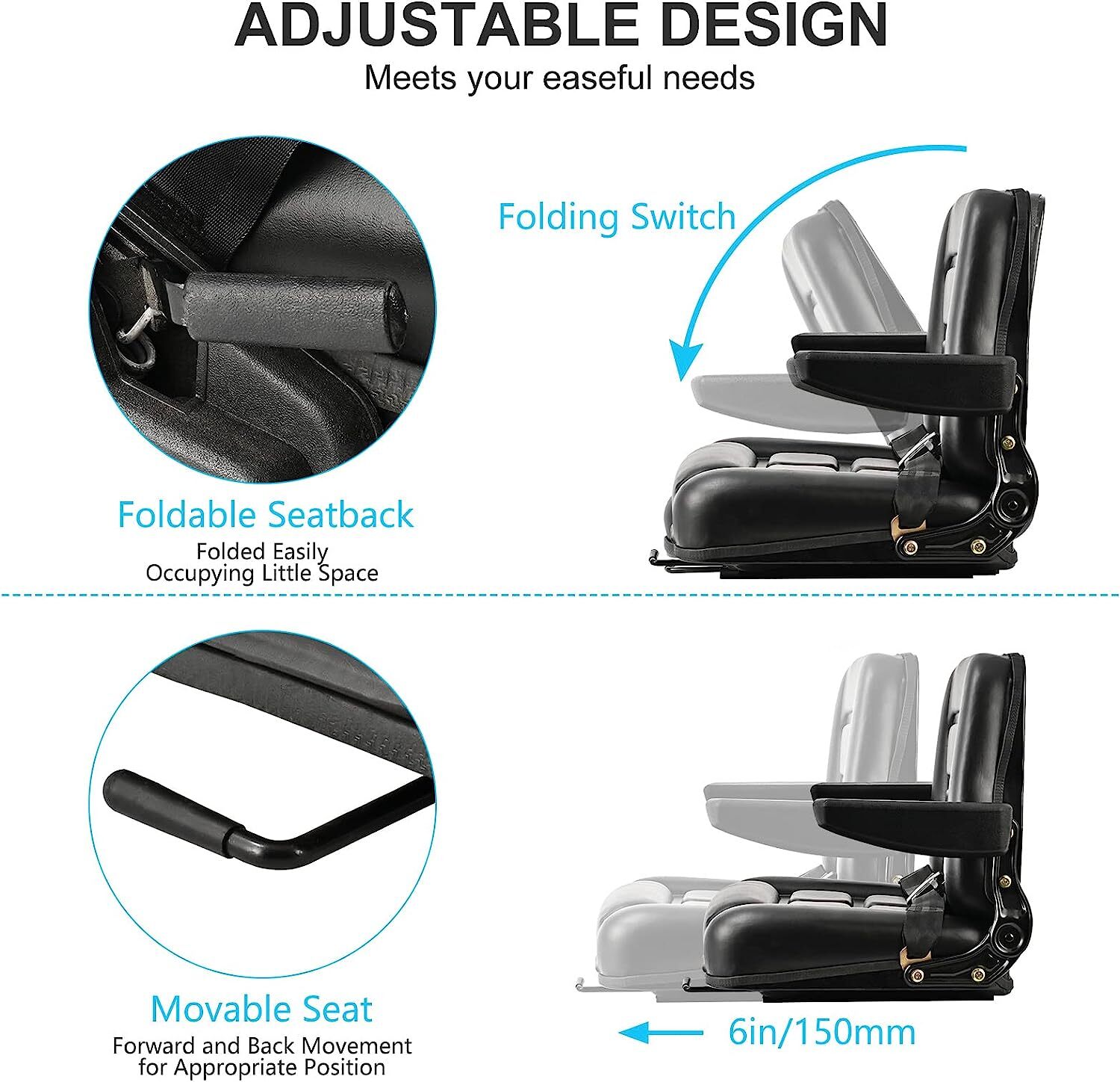 Forklift Tractor Seat Replacement Slide Universal Suspension Adjustable Backrest