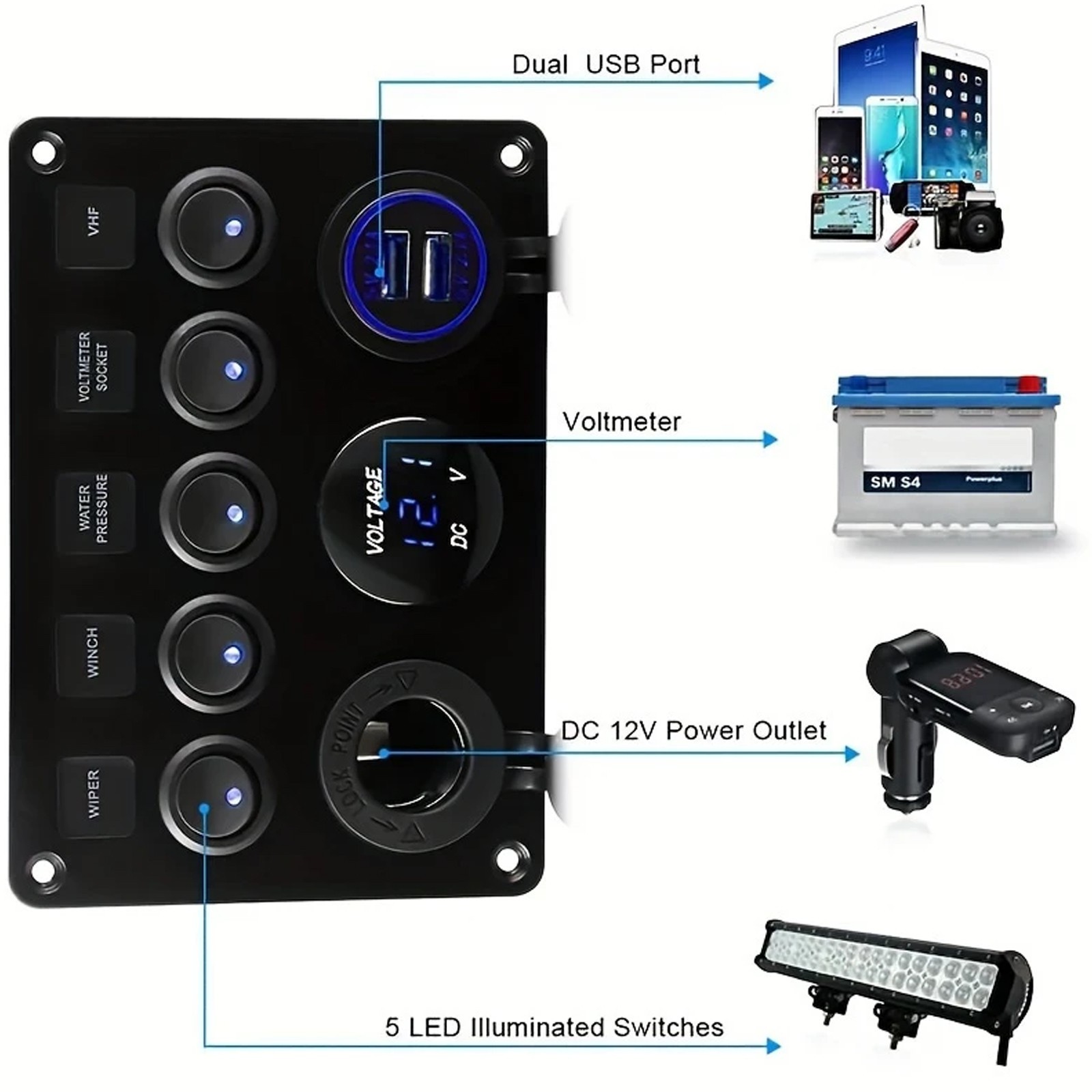 5-Switch 12V Electrical Panel – Voltmeter, Dual USB for RV, Truck & Boat