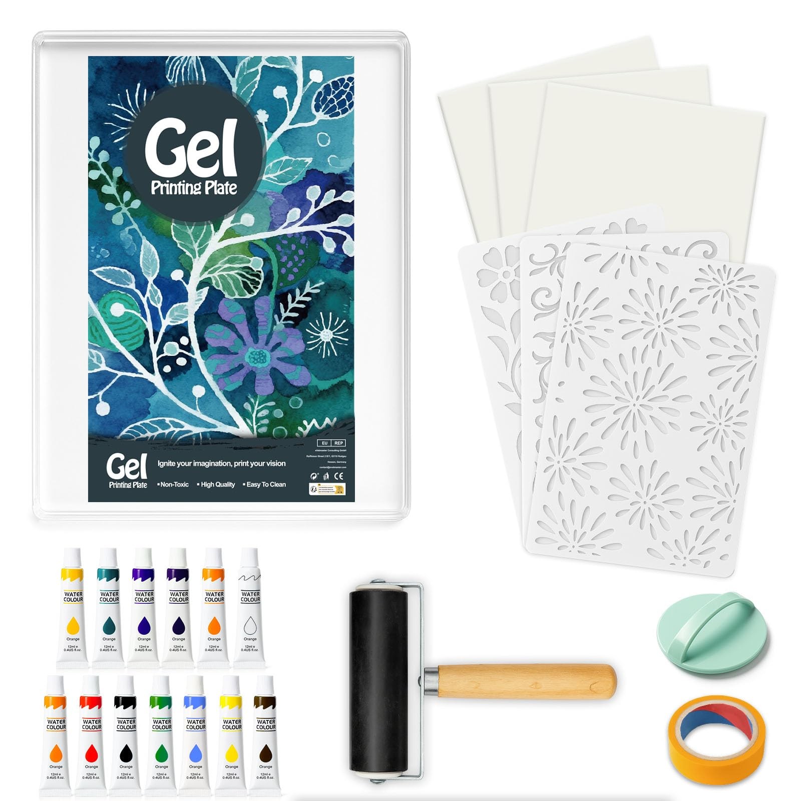 5×7 Inch Gel Plate Printing Kit Rubber Roller Watercolor Stencils Paper