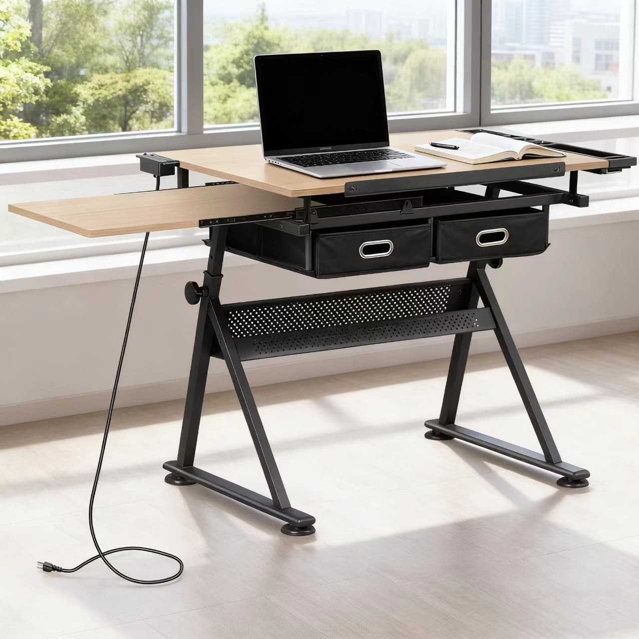 Adjustable Drafting Table with Stool Tilting Drawing Desk Storage Drawers