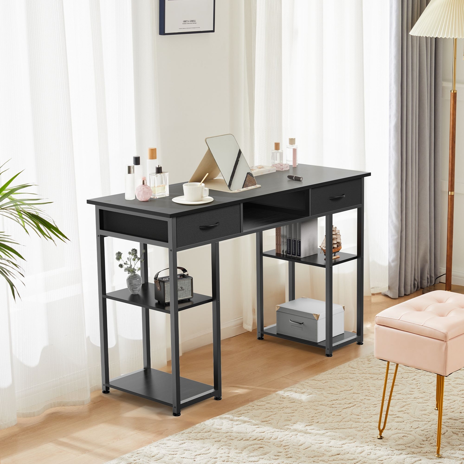 48″ Office Computer Desk,Home Study Table with Storage Shelf & 3 Fabric Drawers