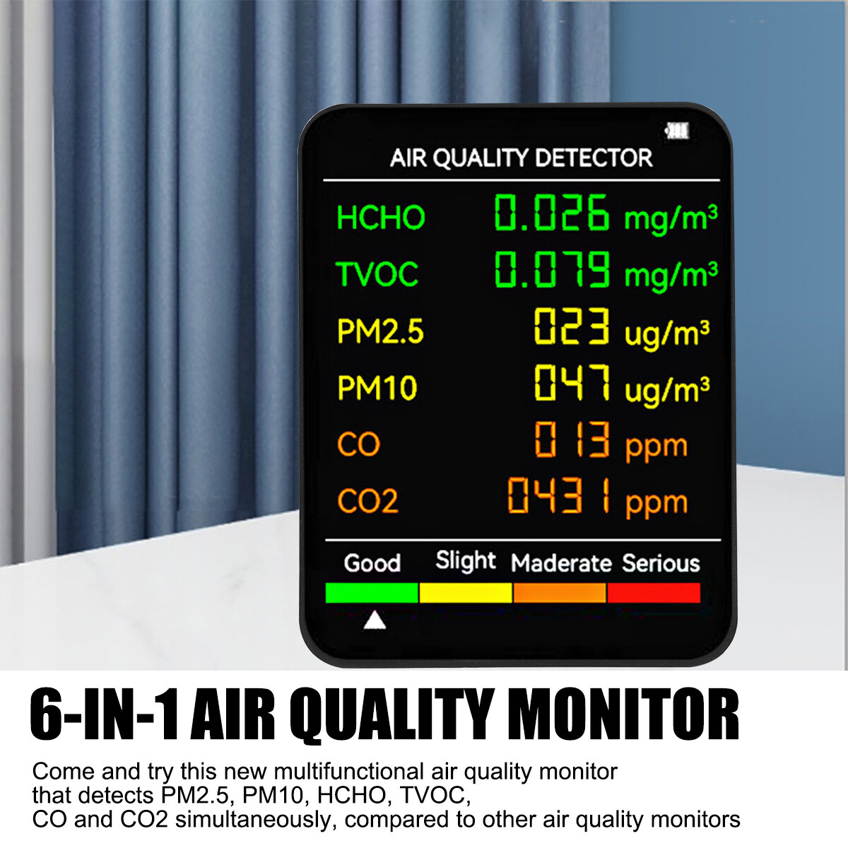 6-in-1 CO2 Detector Monitor, Indoor Air Quality Monitor with Real-Time CO2