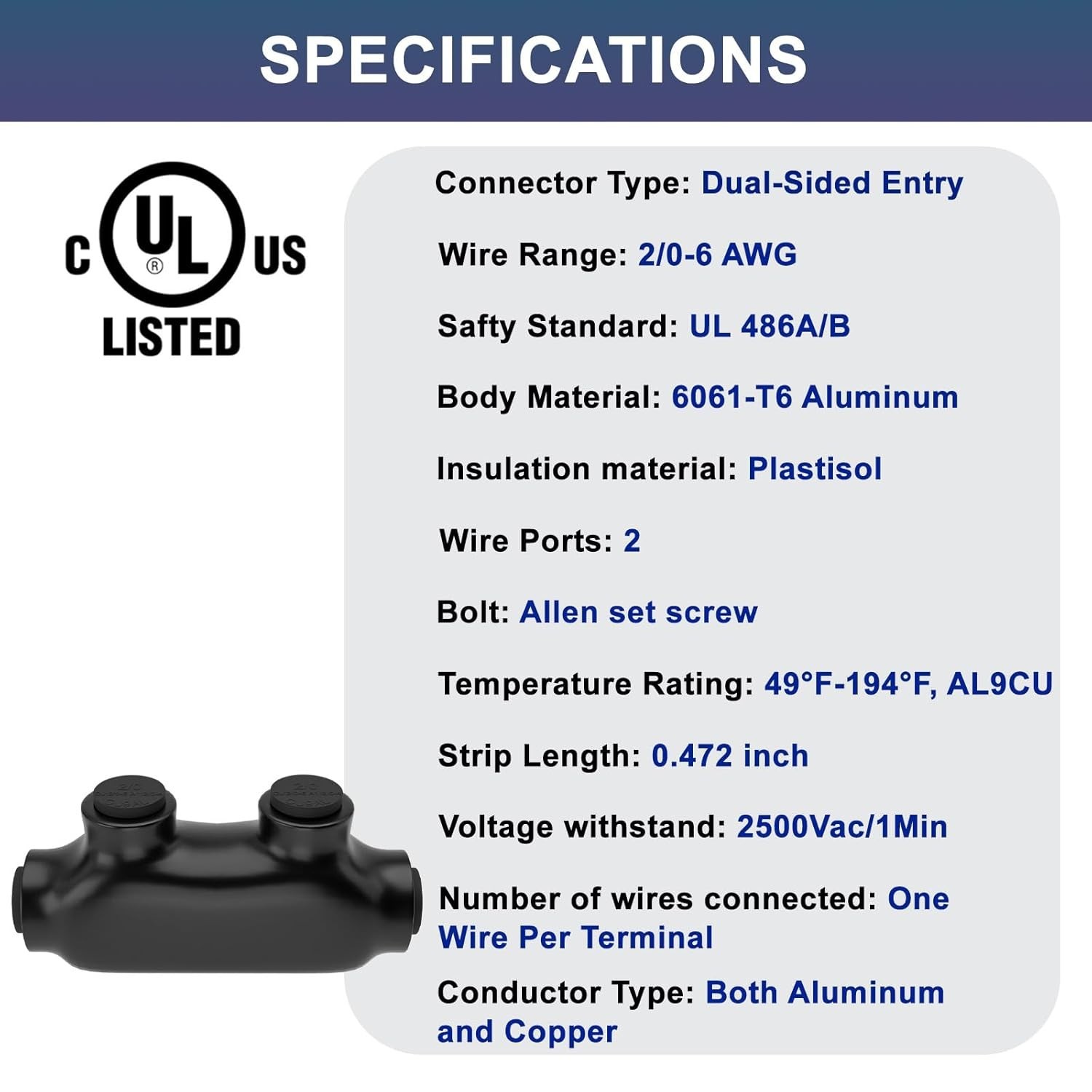5Pack 2 Port Insulated Wire Connectors Black Splice Connector 2/0-6AWG UL Listed