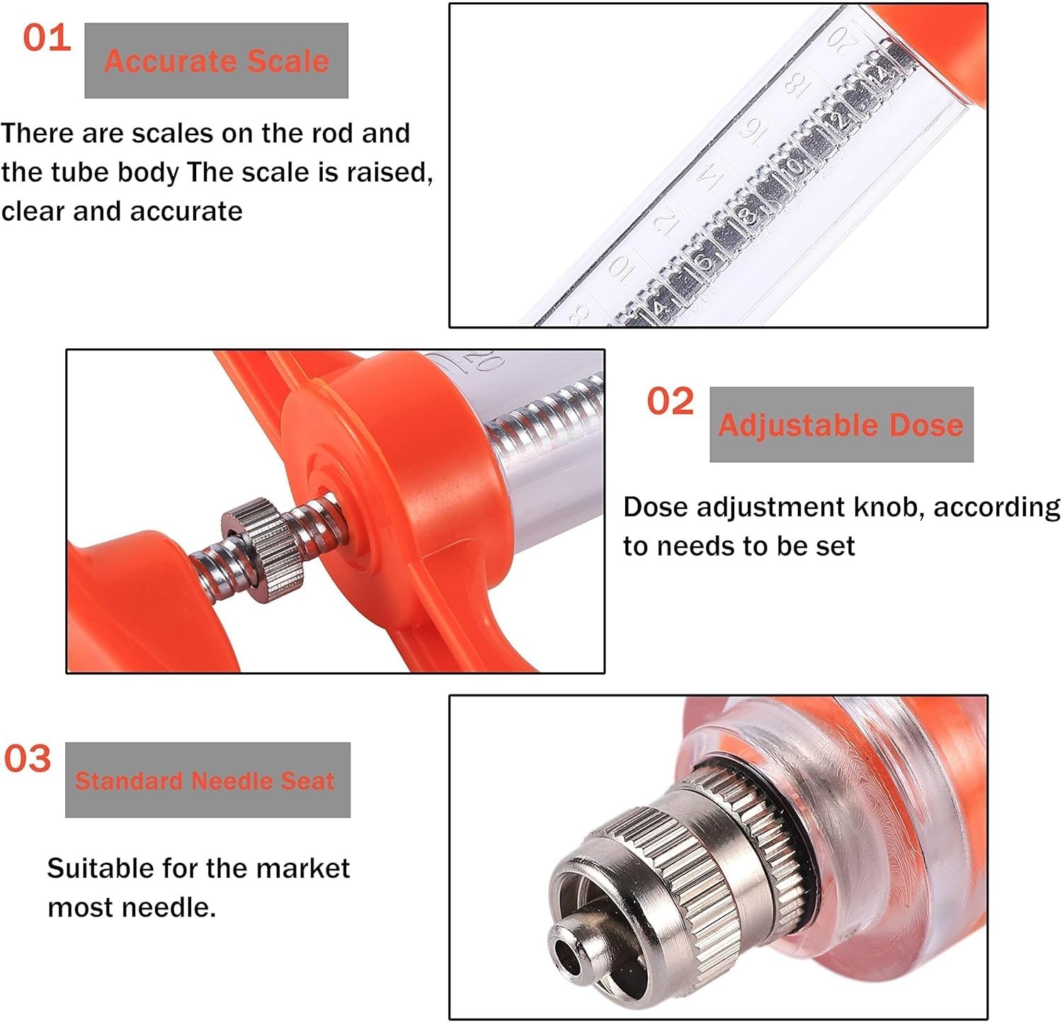 20ML Animal Drenching Syringe, 2 Nozzles, Adjustable Dosage, Reusable, Suitable