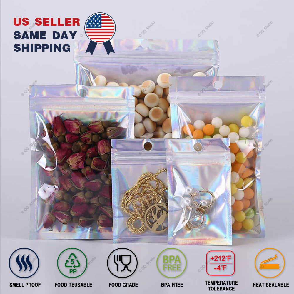 Multi Size Clear Front Holographic Silver Back Glossy Foil Mylar Zip Lock Bag