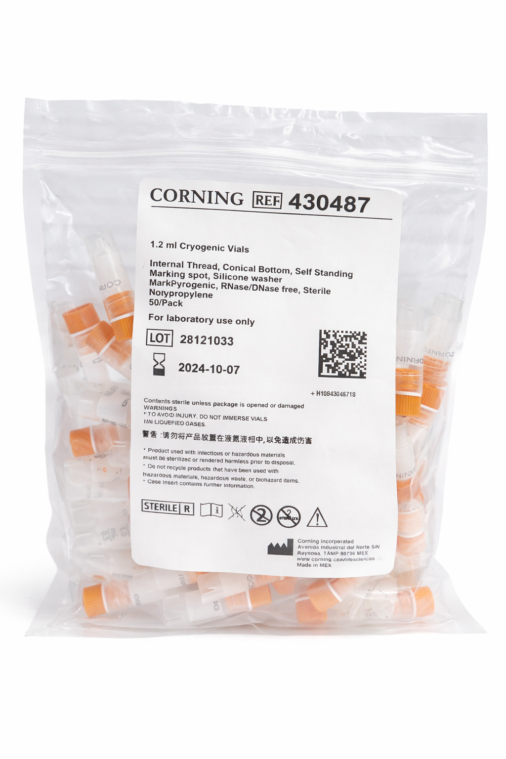 Corning 430487 Cryogenic Vials 1.2mL 50/Pack Internal Thread Self Standing RNase